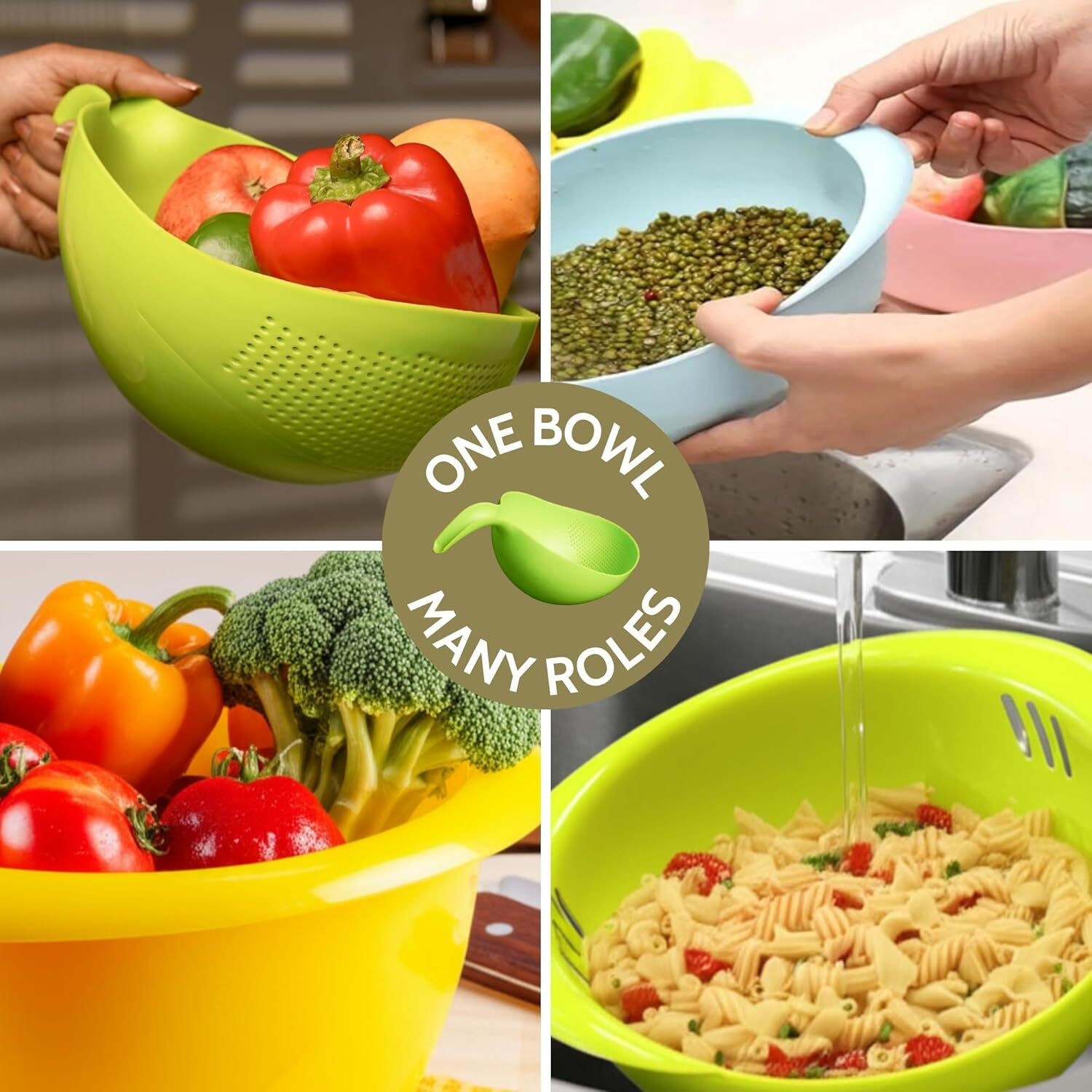 Image of STREPTO Kitchen Rice Bowl Plastic Fruit Bowl Thick Drain Basket with Handle Collapsible Sieve