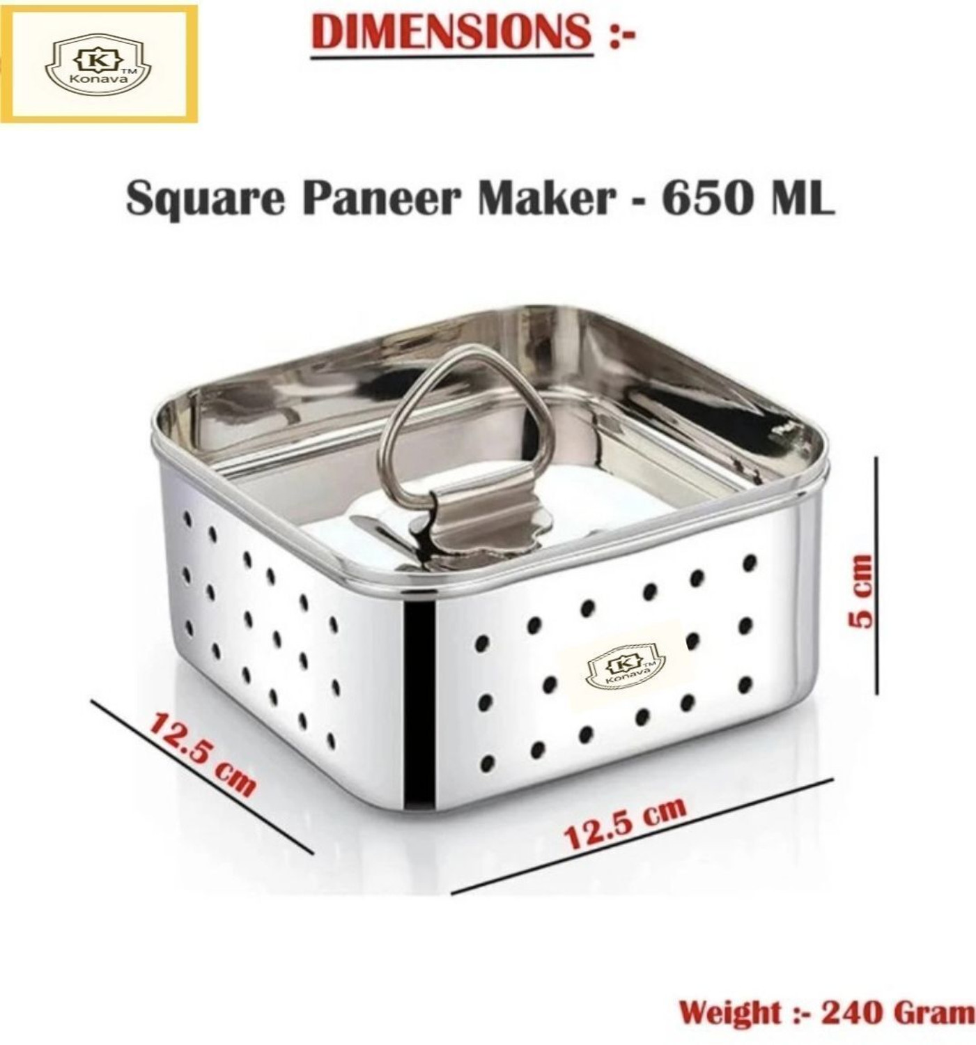 Image of Konava Stainless Steel 650ml Square Shape Indian Paneer /Tofu Press Mould Maker Collapsible Colander