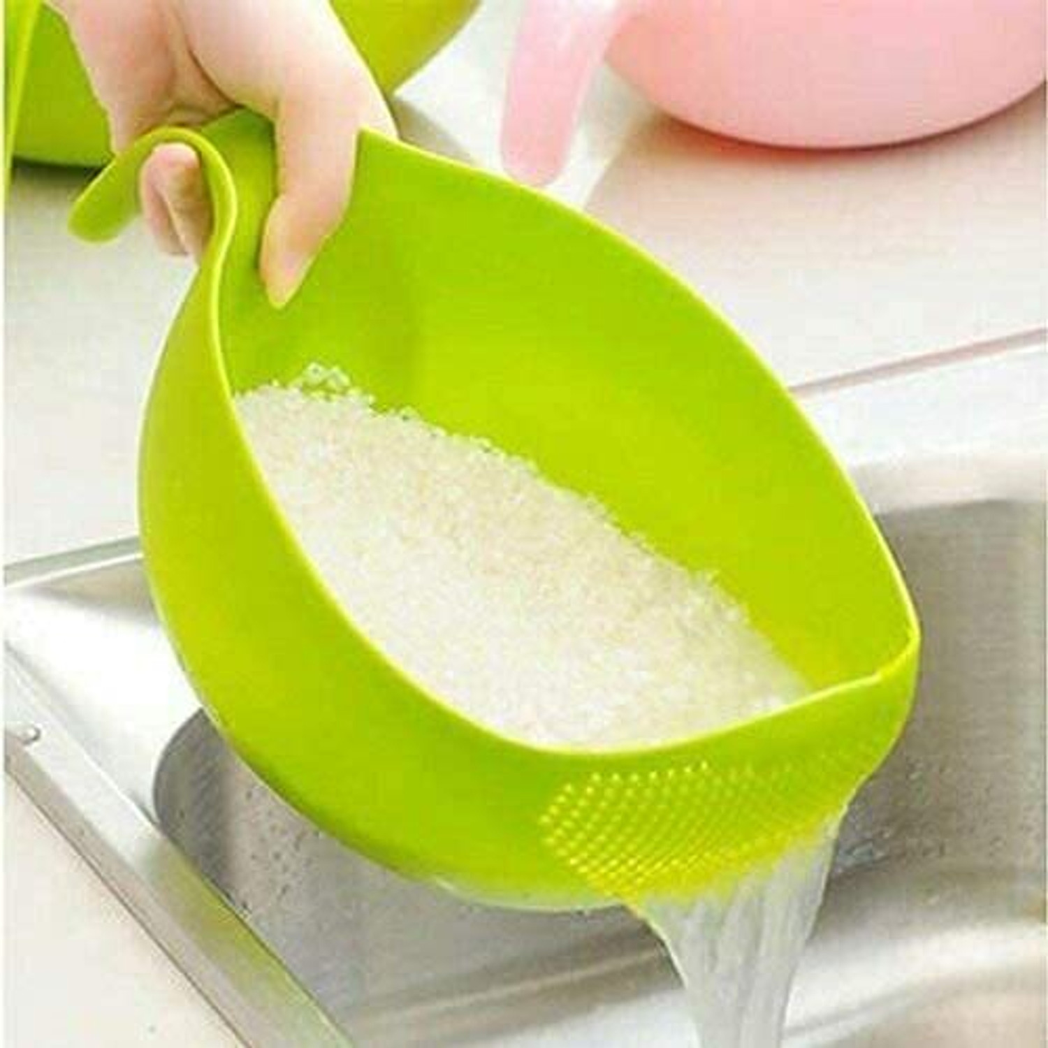 Image of STREPTO Kitchen Rice Bowl Plastic Fruit Bowl Thick Drain Basket with Handle Collapsible Sieve