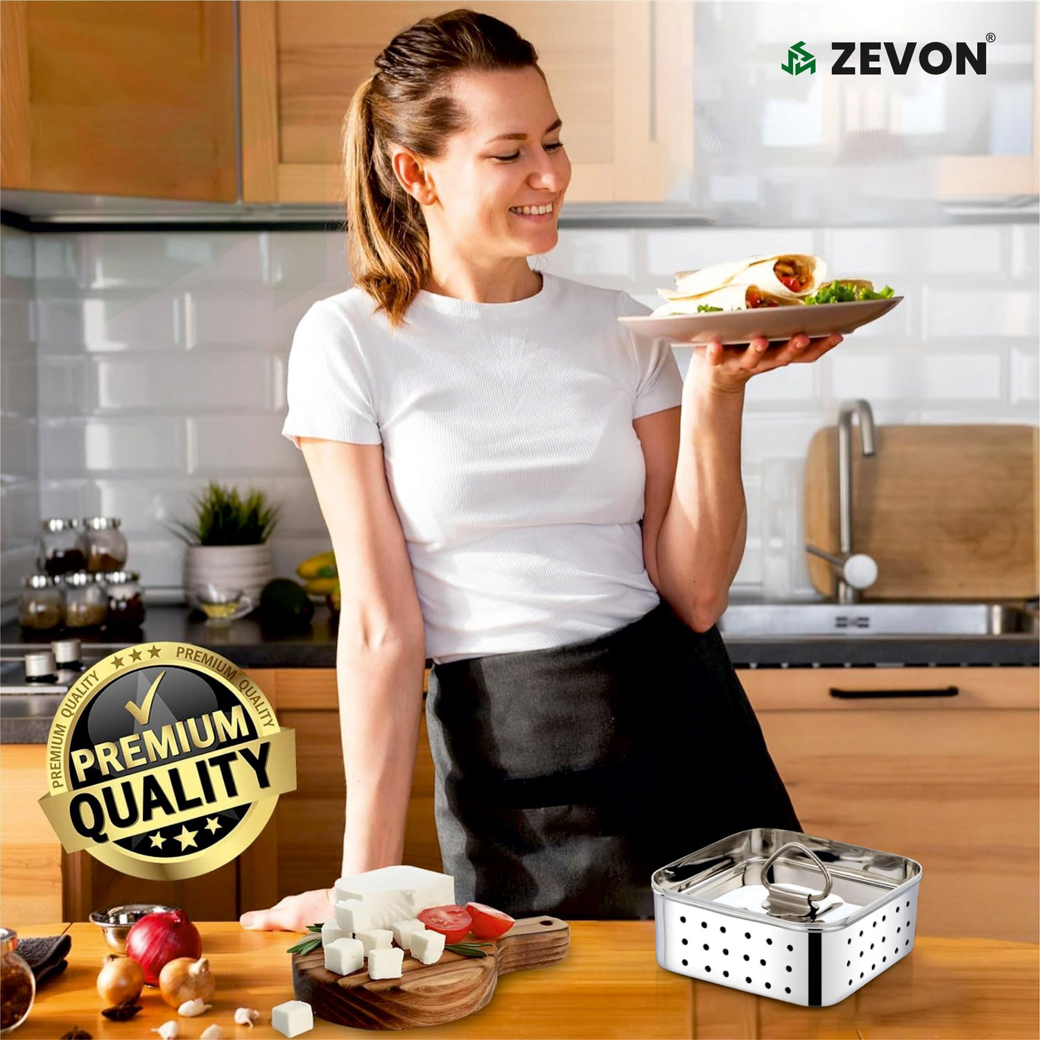 Image of Zevon Paneer Maker 500 ml Stainless Steel Mould Press with Square Shape Collapsible Strainer