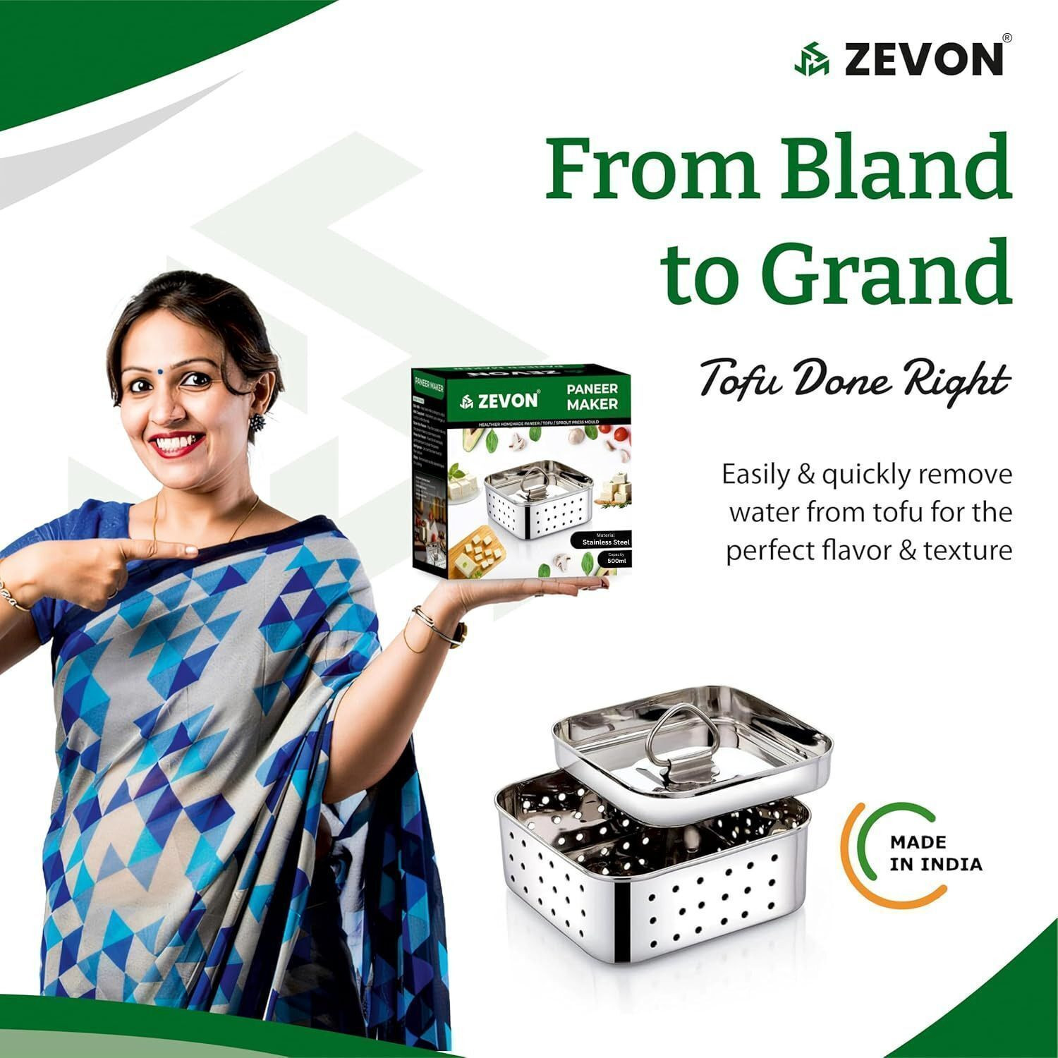 Image of Zevon Paneer Maker 500 ml Stainless Steel Mould Press with Square Shape Collapsible Strainer