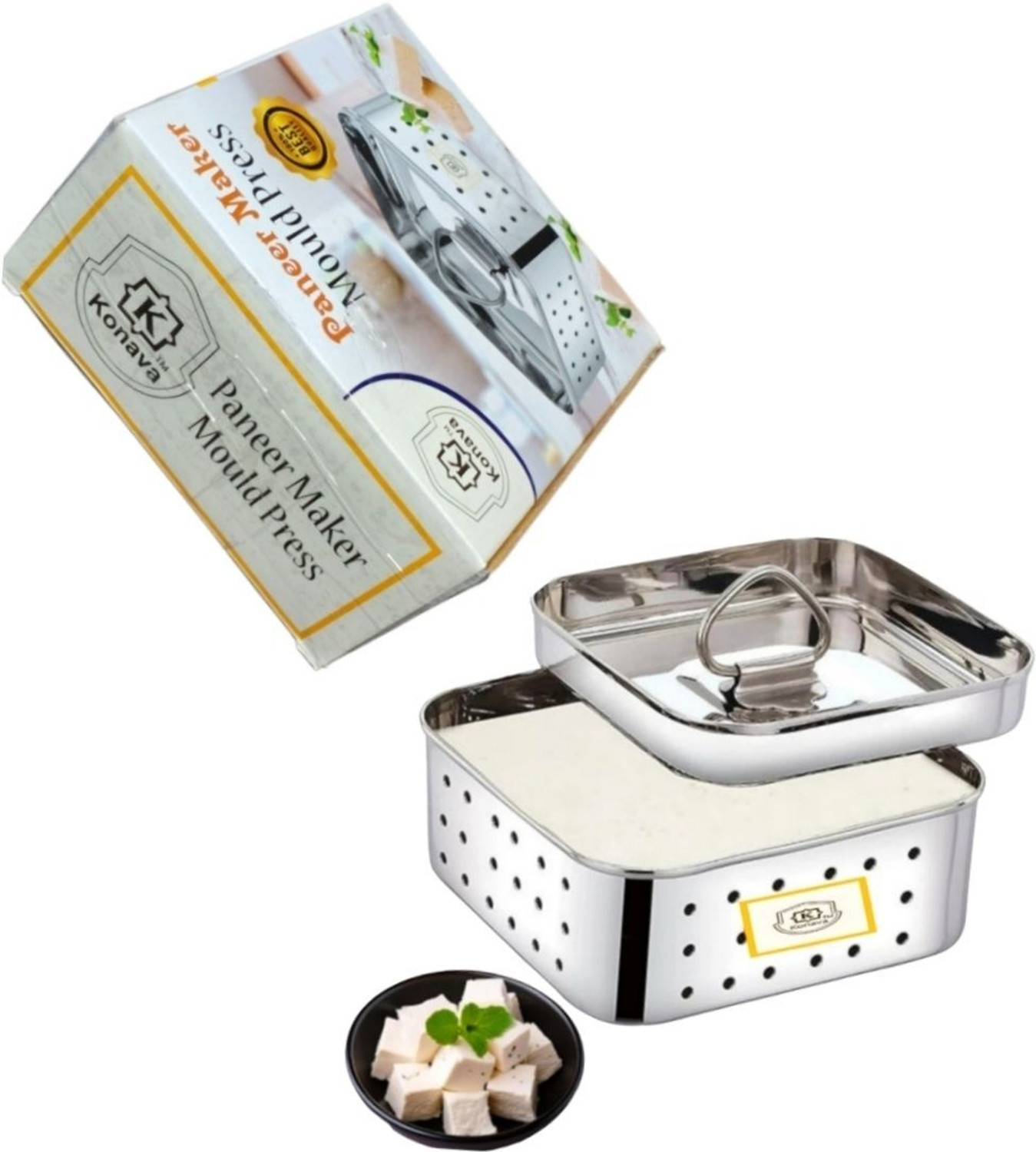 Image of Konava Stainless Steel 650ml Square Shape Indian Paneer /Tofu Press Mould Maker Collapsible Colander