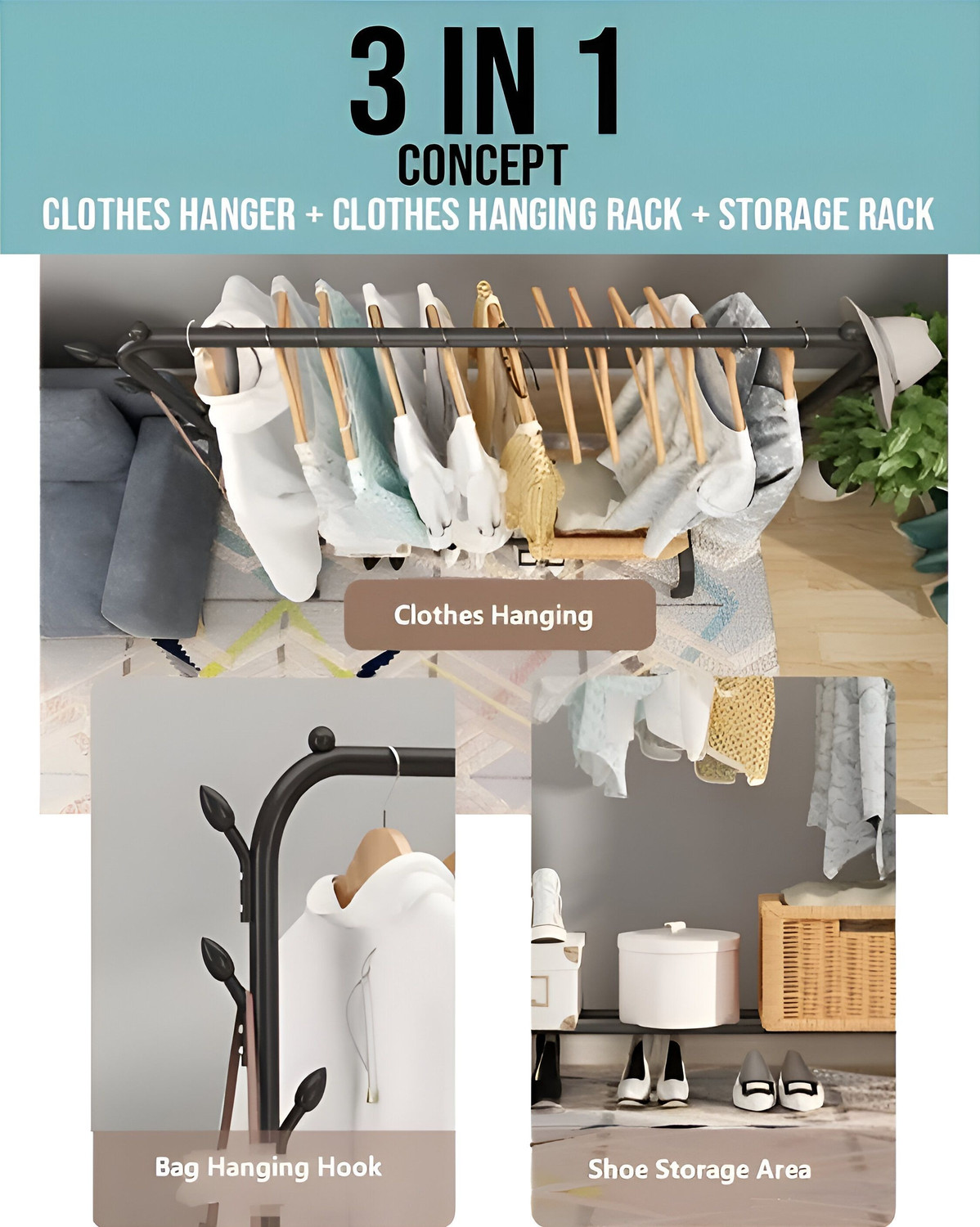 Image of MT-ZHJL Heavy Duty Carbon Steel Freestanding Garment Rack with Shoe Shelf for Bedroom Carbon Steel Collapsible Wardrobe