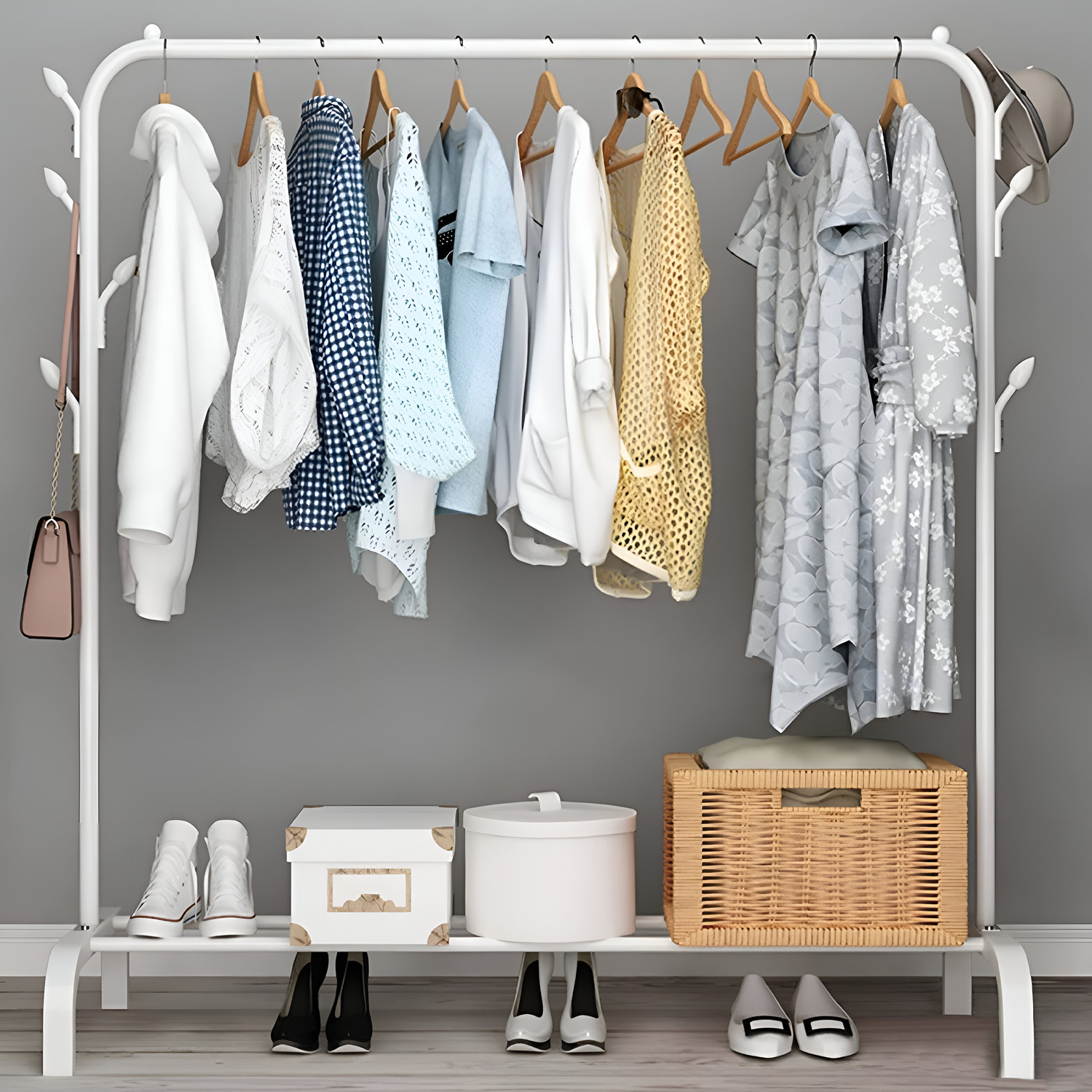 Image of GK-JLPV Heavy Duty Carbon Steel Freestanding Garment Rack with Shoe Shelf for Bedroom Carbon Steel Collapsible Wardrobe