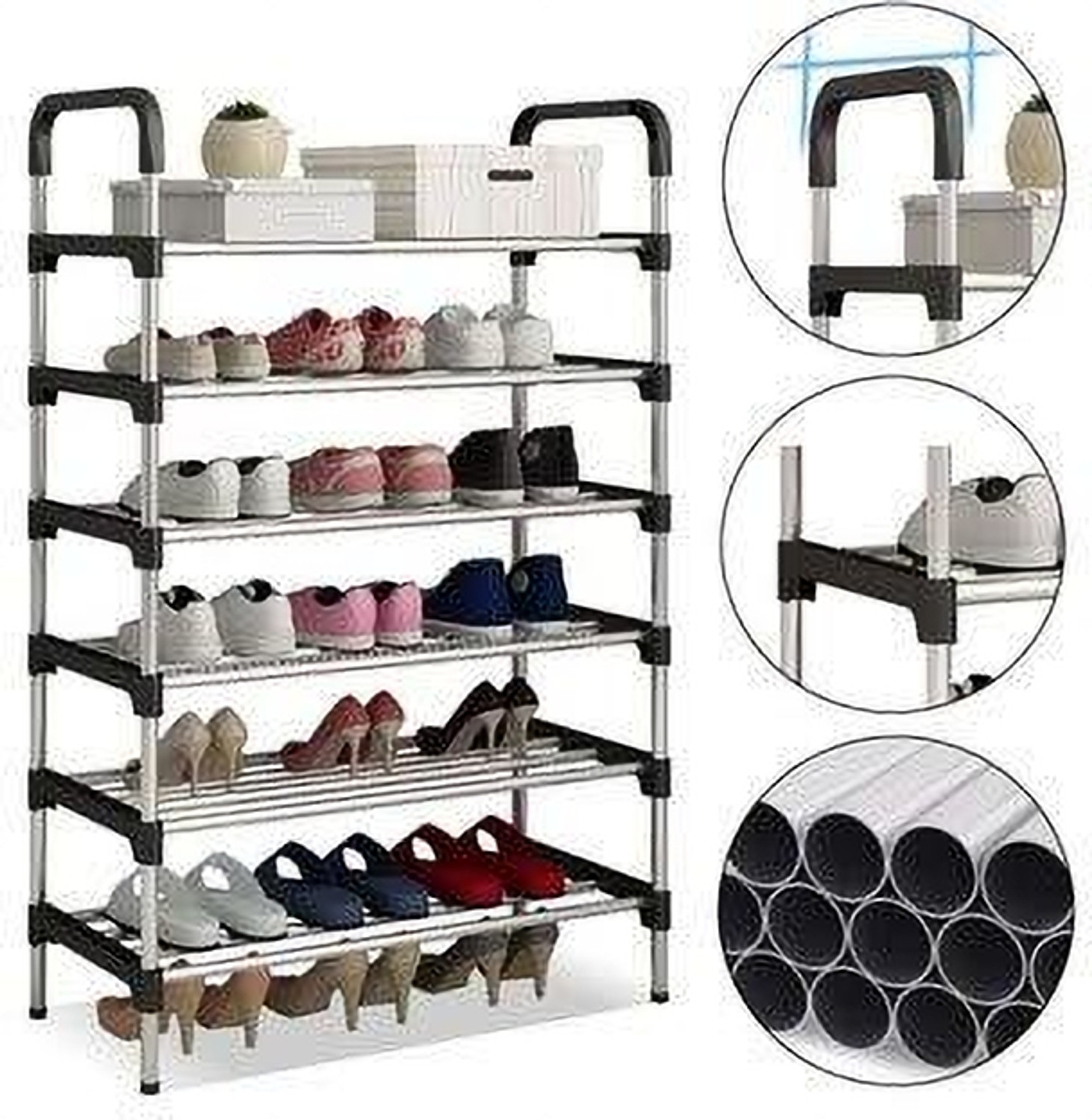 Image of SOUKIO Space-Saving 6-Tier Metal Open Shoe Rack,Home Entryway, Bedroom & Living Room, Metal, Plastic Shoe Stand