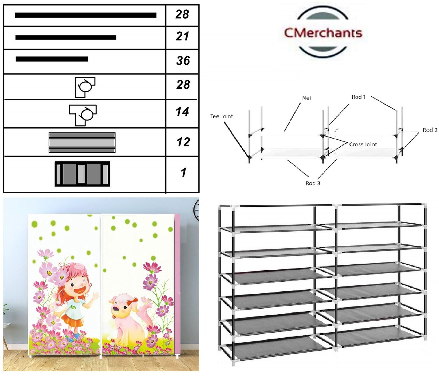 Image of CMerchants 12L Little Girl Dog Printed Rack Carbon Steel Collapsible Wardrobe