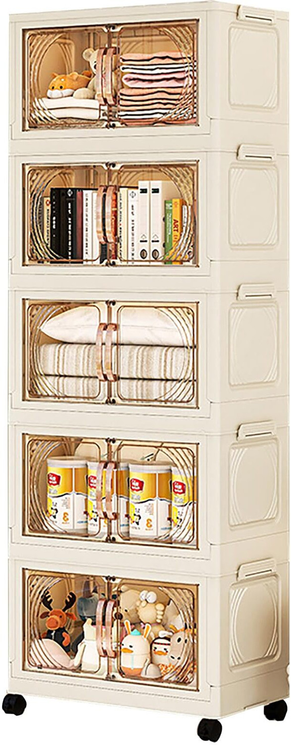Image of HOUSE OF QUIRK 5-Layer Storage Cabinet with Wheels for Home, Living Room, Bedroom -45Cm PVC Collapsible Wardrobe