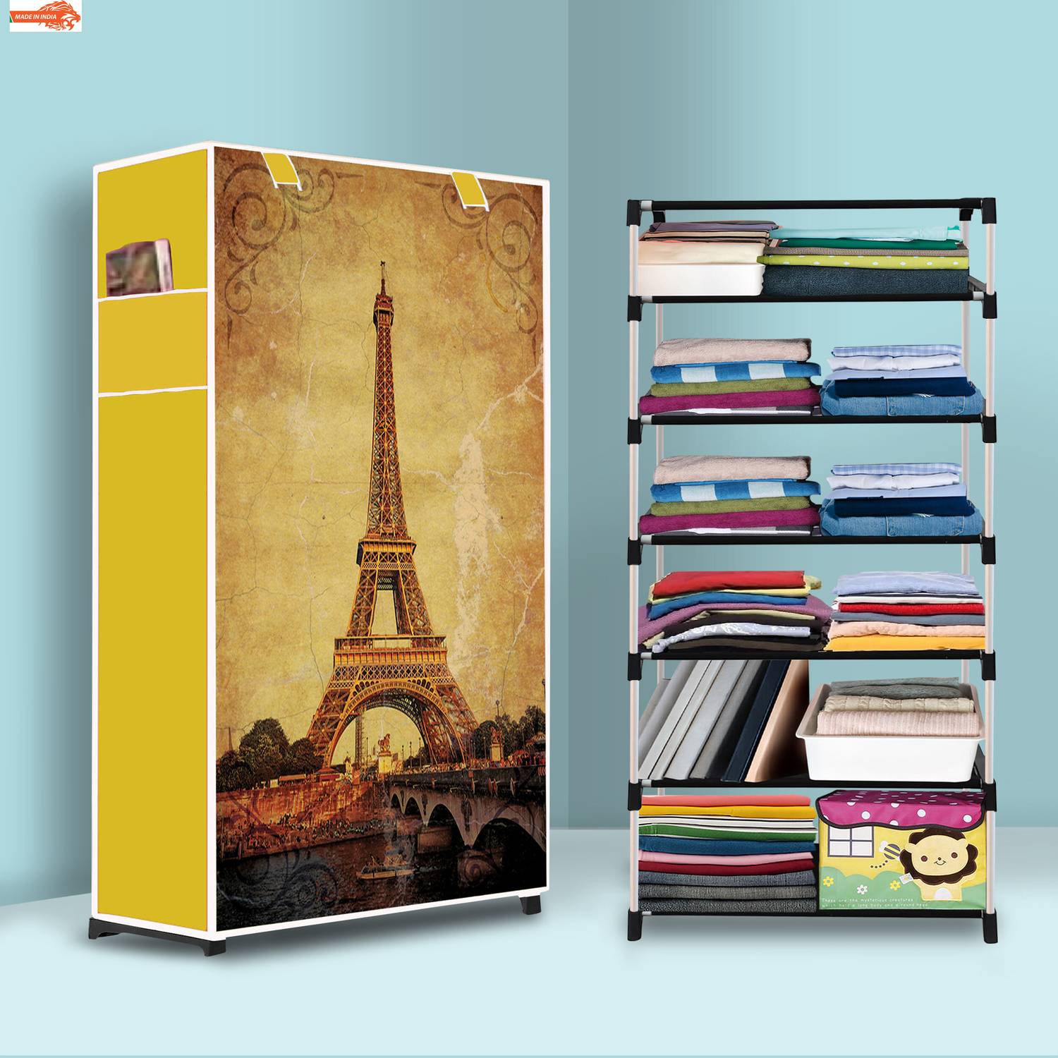 Ascension 6 Shelf Foldable Collapsible Wardrobe Storage Organizer Almirah Cloth Rack PVC Collapsible Wardrobe