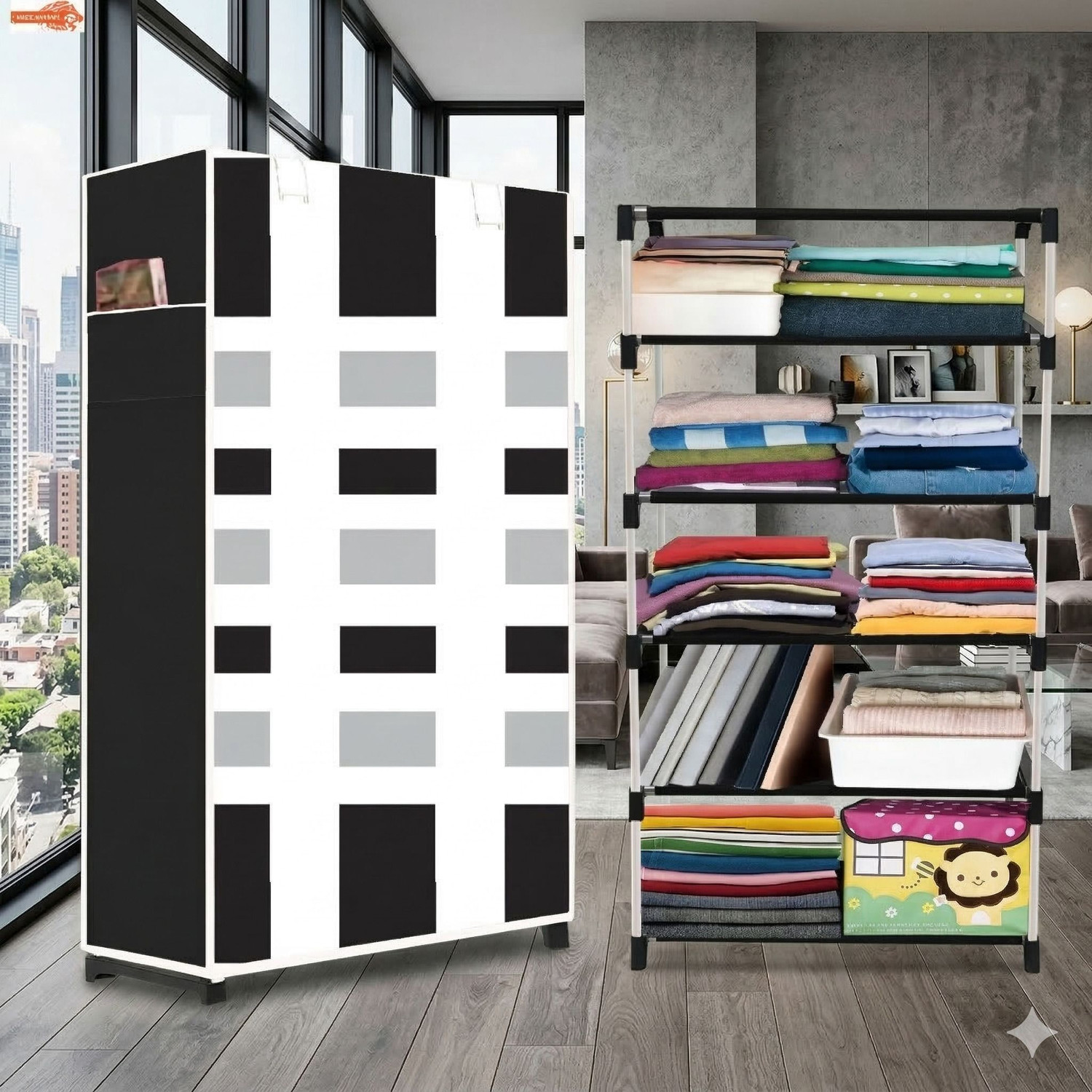 Image of FurniGully 5 Shelf Foldable Collapsible Wardrobe Storage Organizer Almirah Cloth Rack Carbon Steel Collapsible Wardrobe