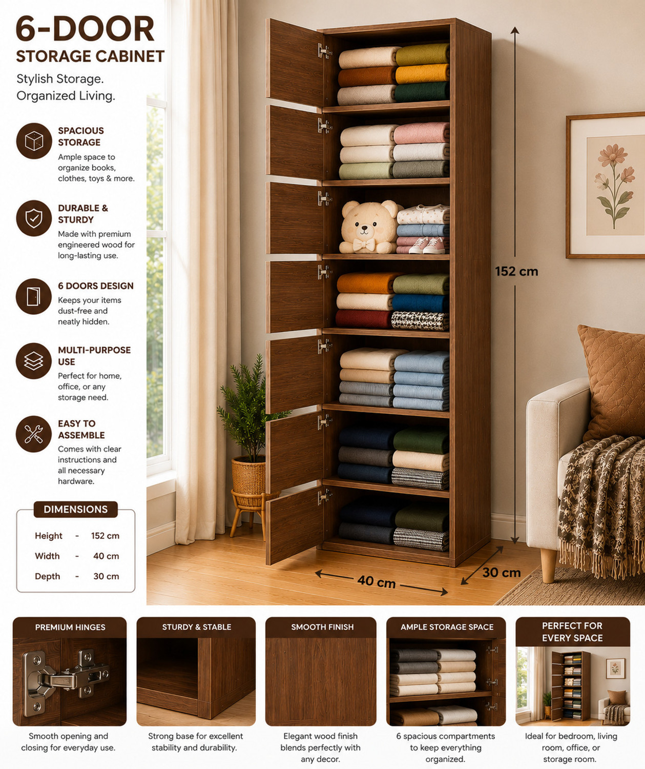 Image of Sasimo 6-Door 6-Shelf Closet Engineered Wood Collapsible Cupboard PC Collapsible Wardrobe