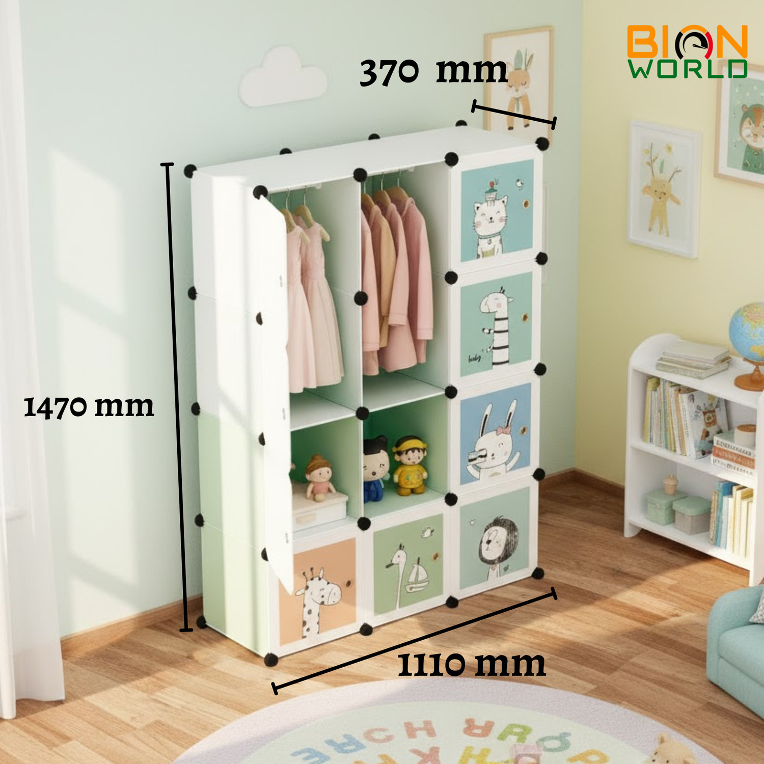 Image of BIONworld Collapsible Plastic Wardrobe, 12-Shelf | Cartoon Print Kids Almirah for Clothes PP Collapsible Wardrobe