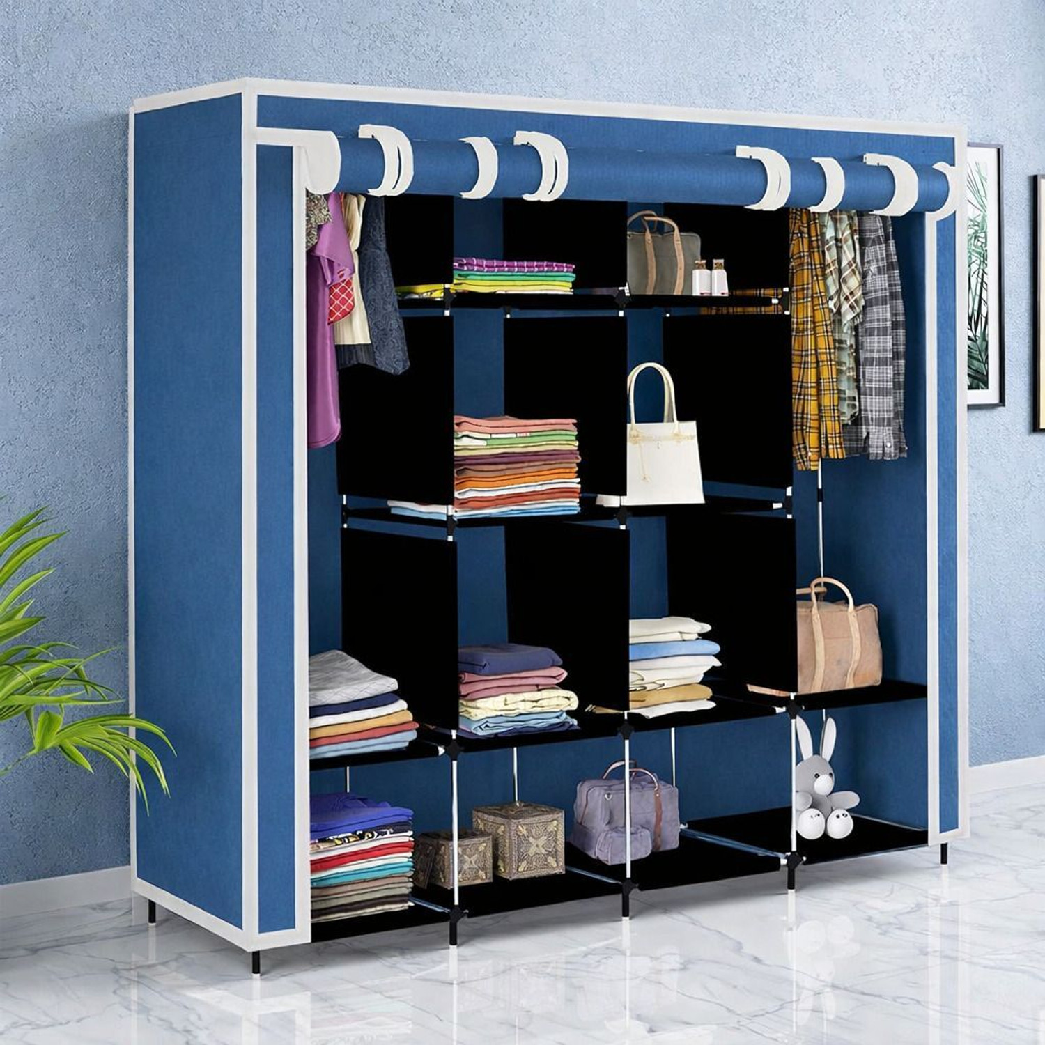 Image of HUENISH Collapsible Plastic Wardrobe, 1 Hanging Space, 12 Shelves, 1 Side Pocket PP Collapsible Wardrobe