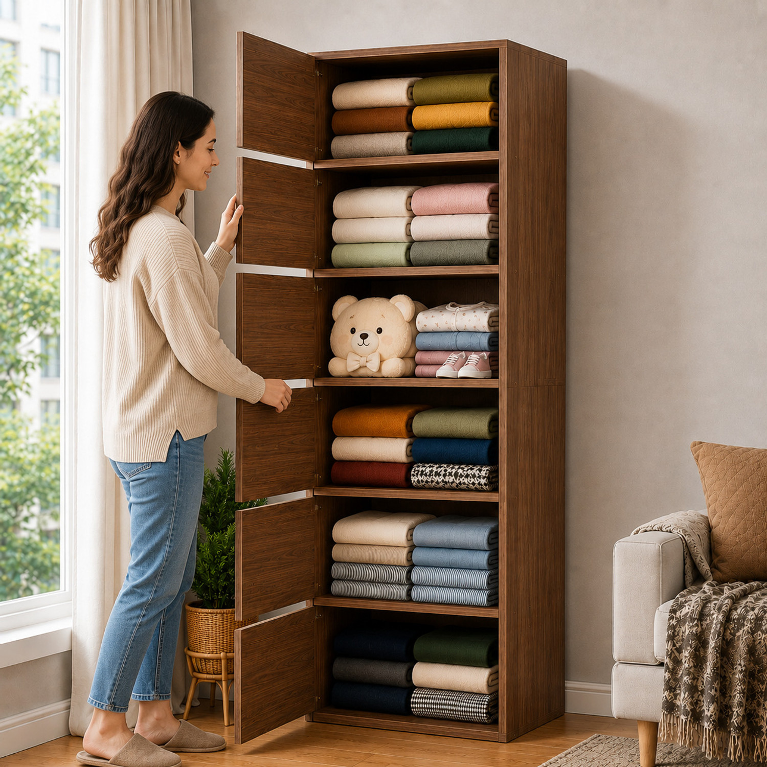 Image of Sasimo 6-Door 6-Shelf Closet Engineered Wood Collapsible Cupboard PC Collapsible Wardrobe