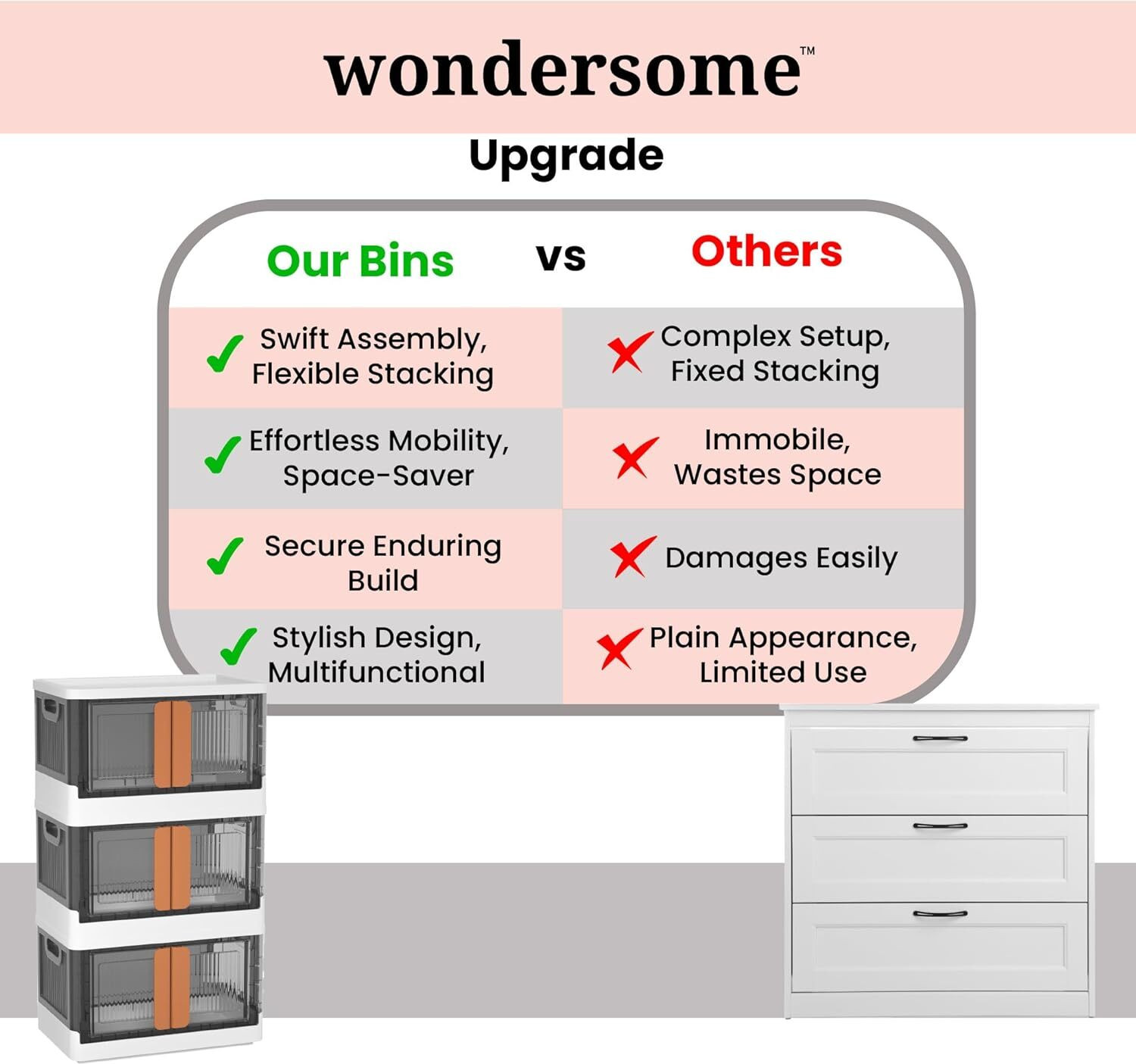 Image of FINWARE FINWARE Foldable 4-Layer Chest of Drawers - White & Grey Cupboard Drawers PP Collapsible Wardrobe