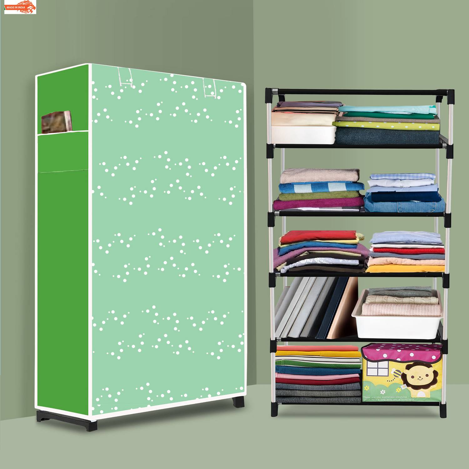 Ascension 5 Shelf Foldable Collapsible Wardrobe Storage Organizer Almirah Cloth Rack PVC Collapsible Wardrobe