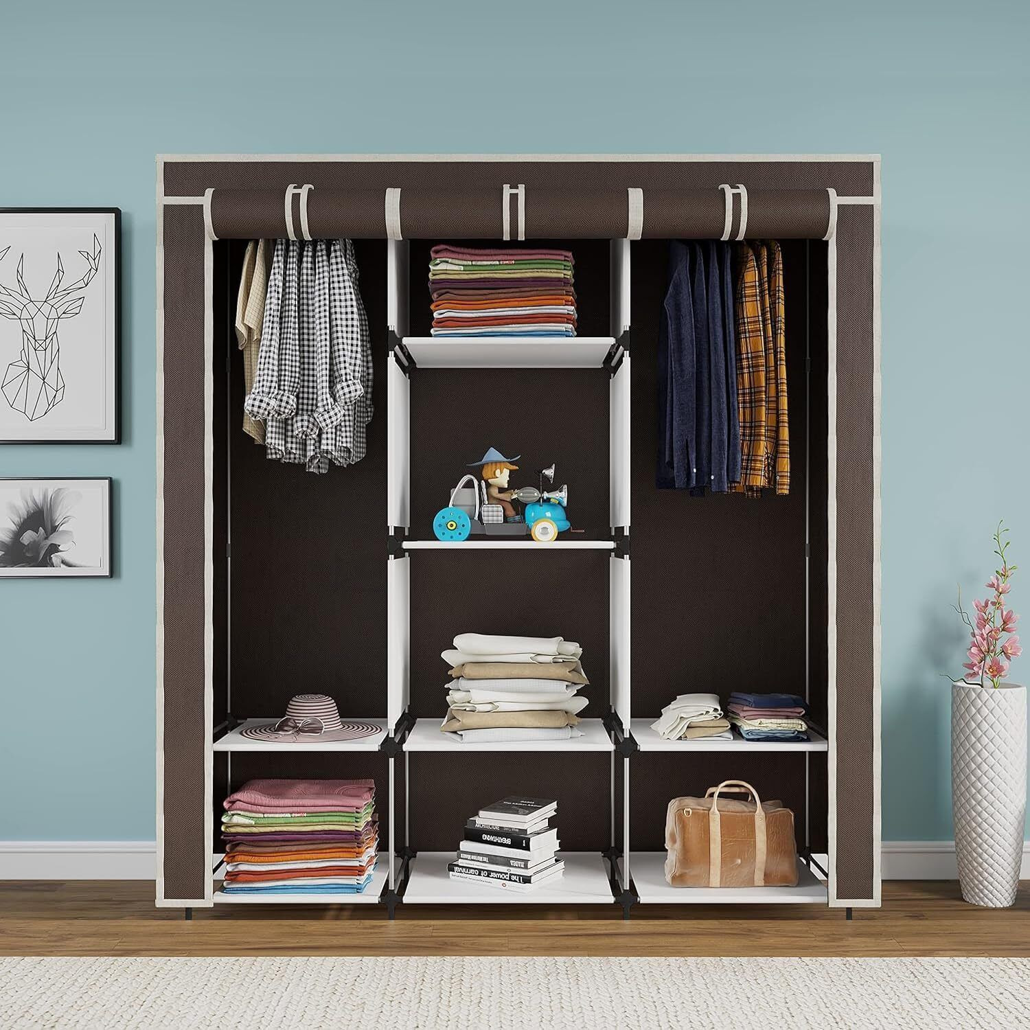 Image of FurniGully 88130 Brown Cloth Rack Storage Organizer Shelves Almirah PP Collapsible Wardrobe