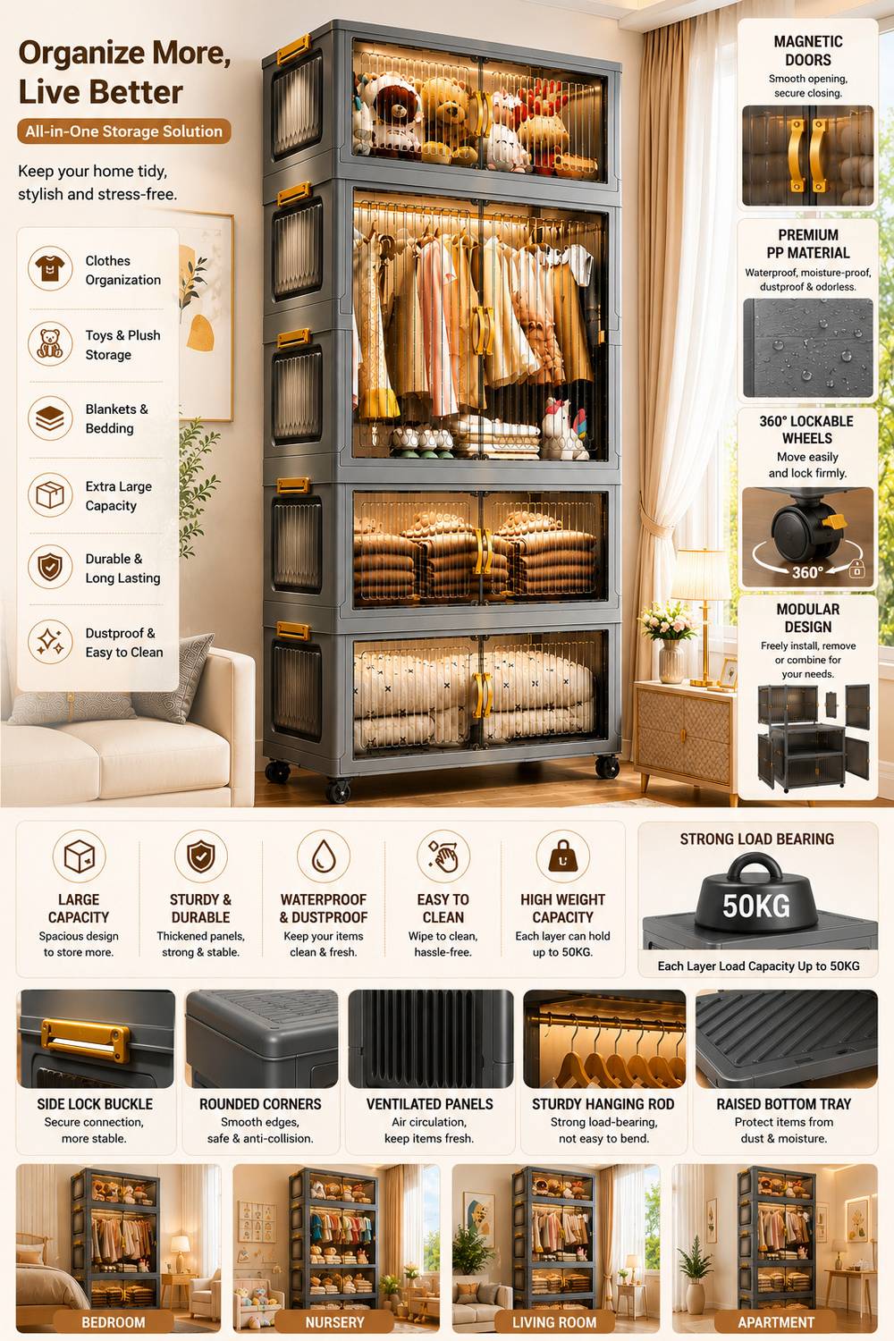 Sasimo 1-Wardrobe 8-Door 4-Shelf Plastic Collapsible Wardrobe - Image 4