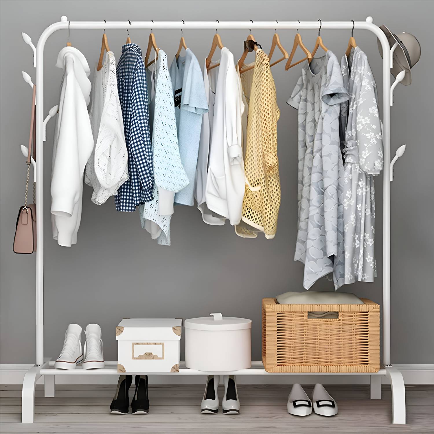 AR-NMAS Heavy Duty Carbon Steel Freestanding Garment Rack with Shoe Shelf for Bedroom Carbon Steel Collapsible Wardrobe