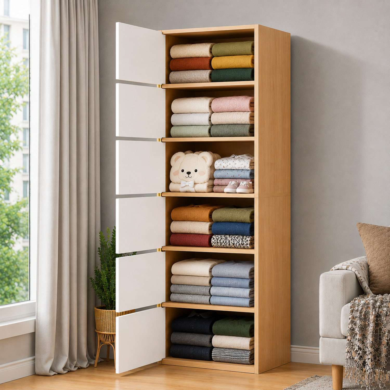 Image of Sasimo 6-Door 6-Shelf Closet Engineered Wood Collapsible Cupboard PC Collapsible Wardrobe