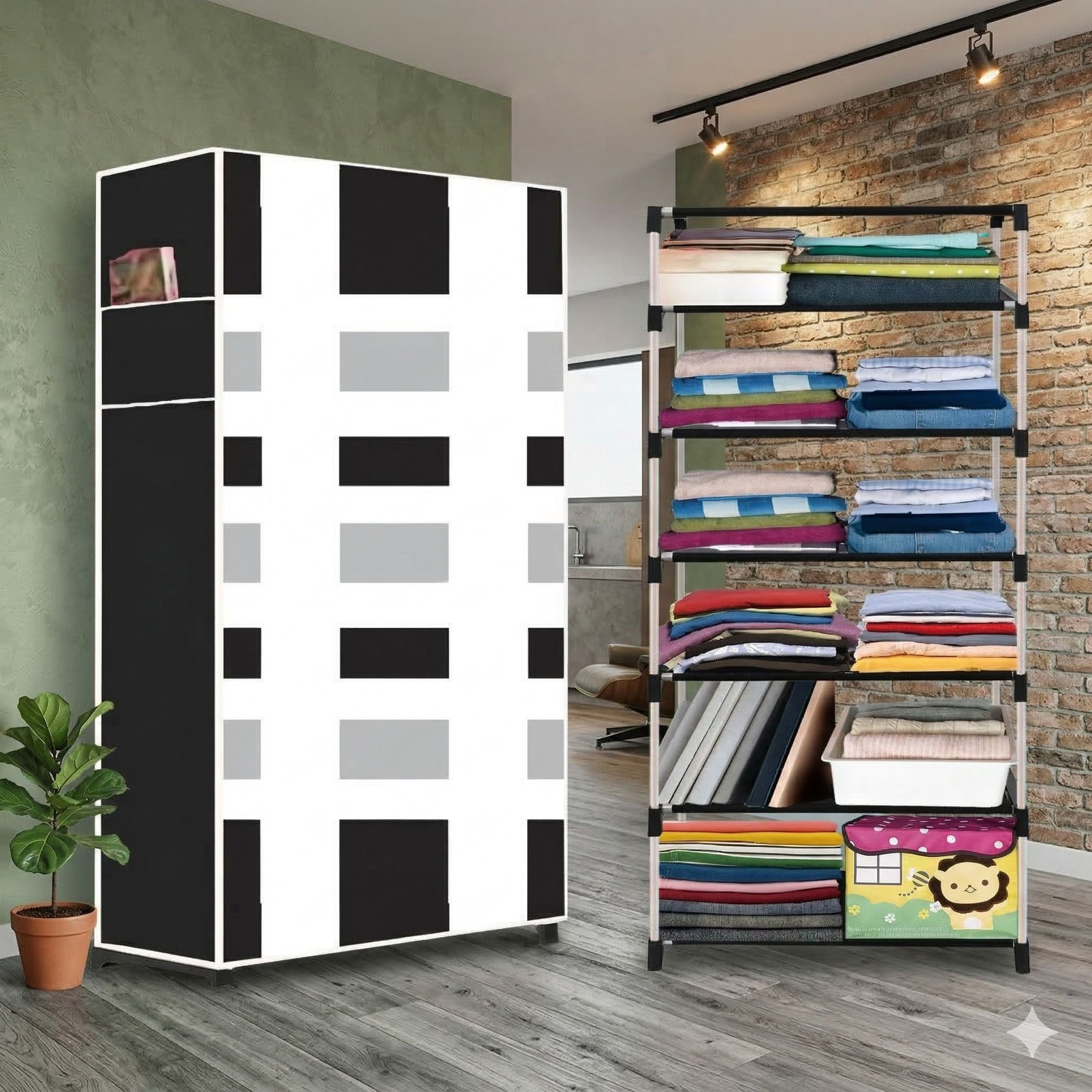 Image of Ryuga 6 Shelf Foldable Collapsible Wardrobe Storage Organizer Almirah Cloth Rack PP Collapsible Wardrobe
