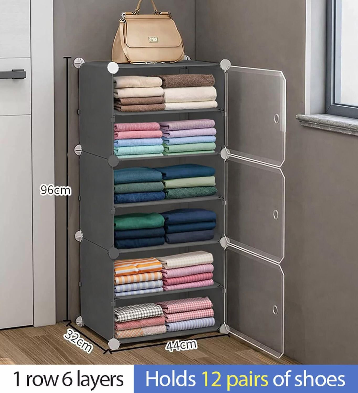 Image of Sasimo 3-Door 6-Shelf Plastic Collapsible Cupboard Carbon Steel Collapsible Wardrobe