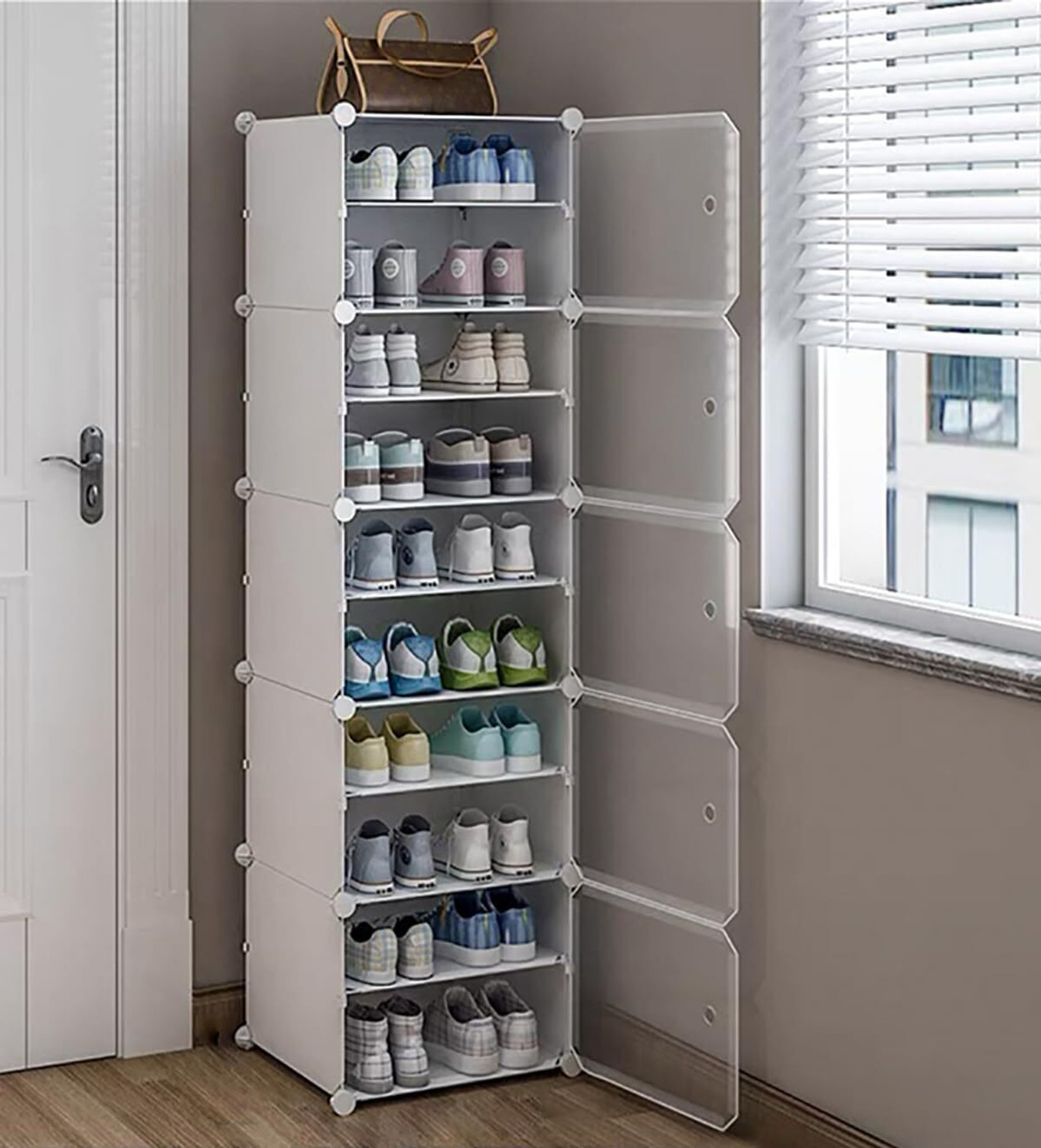 Image of SNKR ESSENTIALS 10-Shelves-6-Door Shoe, Multipurpose Storage Rack for Home Bedroom Living Room PP Collapsible Wardrobe