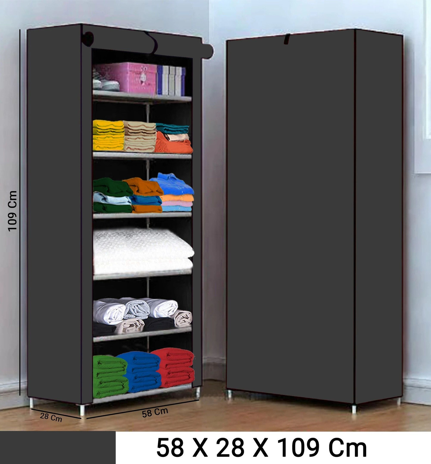 Image of FurniGully 1 Door 6 Shelf Fabric Carbon Steel PP PP Collapsible Wardrobe