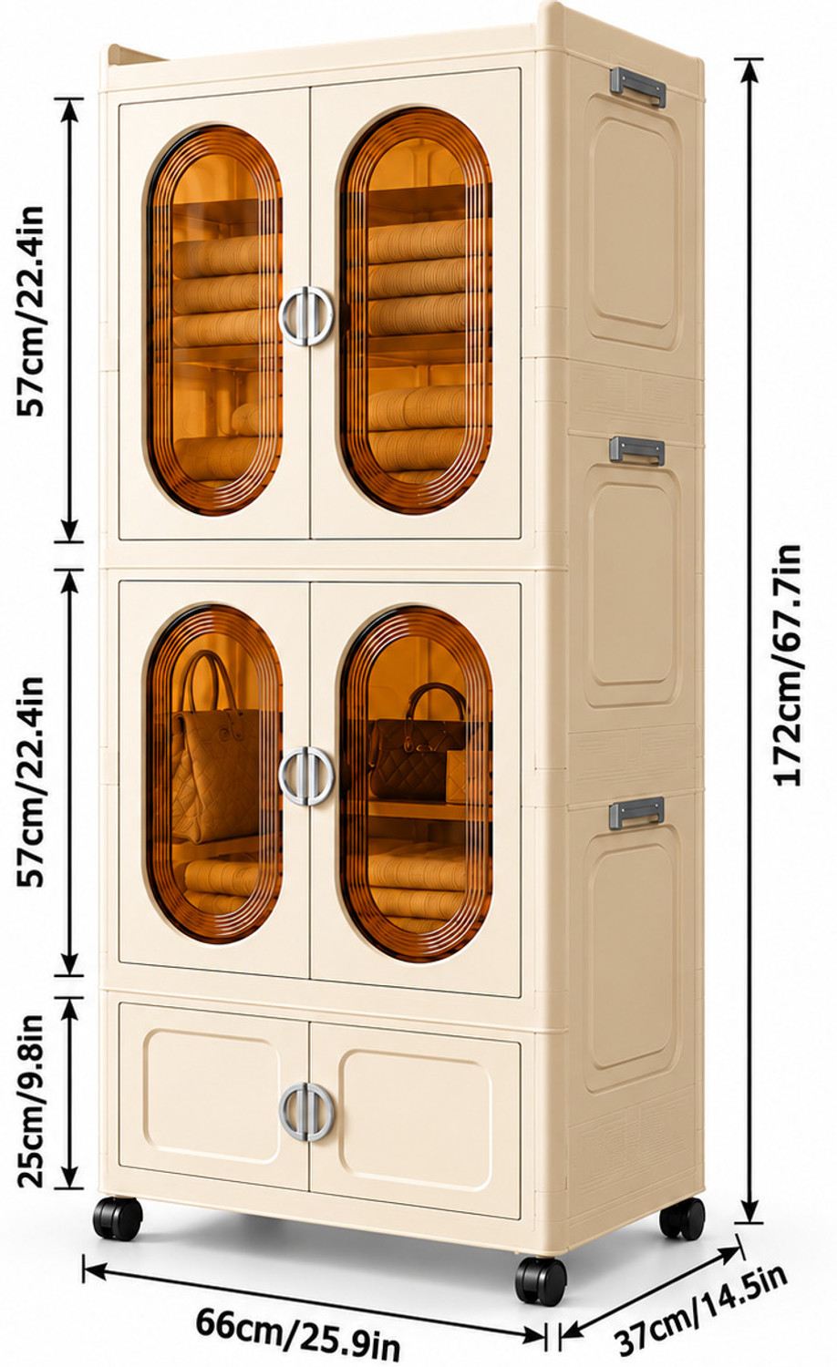 Image of KriShyam 3-Tier Plastic Storage Cabinet with Doors & Wheels, Translucent Amber Doors PP Collapsible Wardrobe