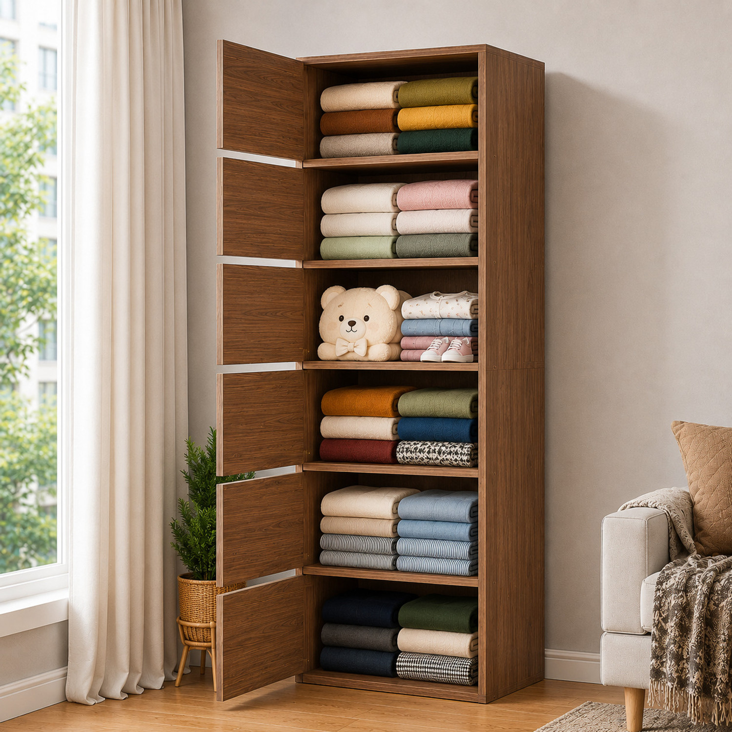 Image of Sasimo 6-Door 6-Shelf Closet Engineered Wood Collapsible Cupboard PC Collapsible Wardrobe