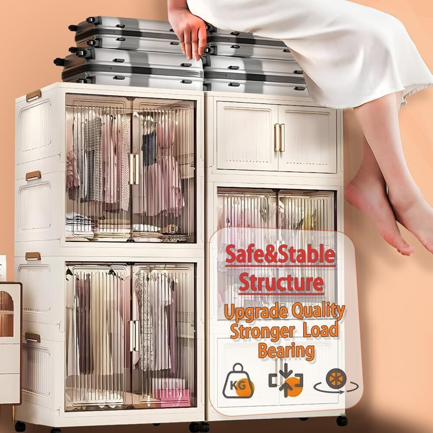 Image of LUHI 1-Wardrobe 4-Door 4-Shelf Plastic Collapsible Cupboard PC Collapsible Wardrobe PP Collapsible Wardrobe