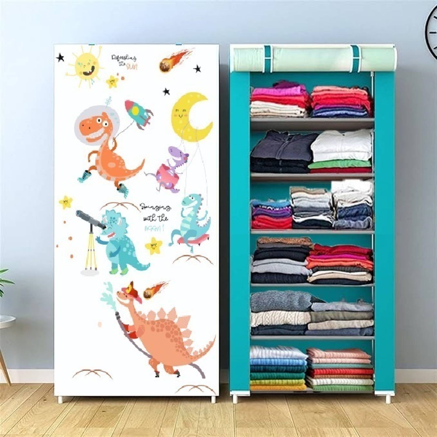 colcum Dinosaur Print-Plastic-Wardrobe Micro Fiber Collapsible Wardrobe