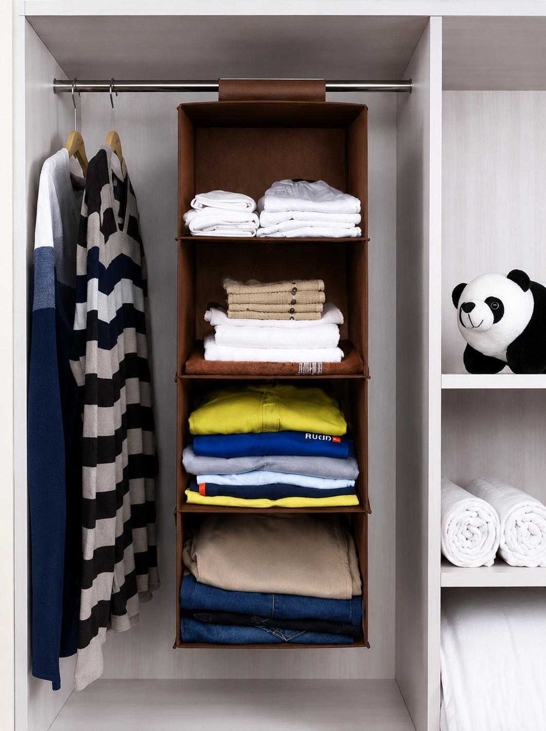 Image of ATEEF Hanging 4 Shelf Closet Hanging Organizer| Brown Micro Fiber Collapsible Wardrobe