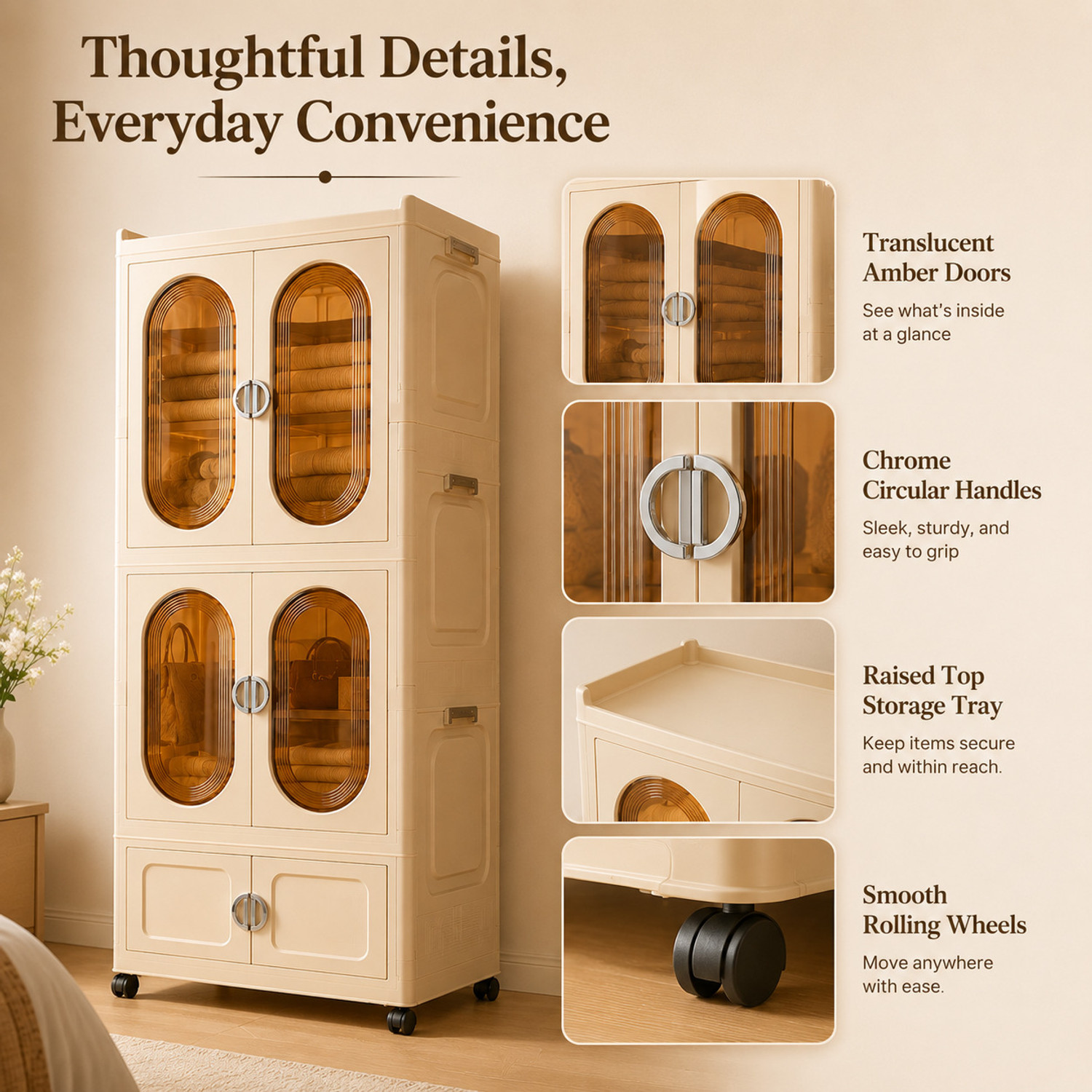 Image of KriShyam 3-Tier Plastic Storage Cabinet with Doors & Wheels, Translucent Amber Doors PP Collapsible Wardrobe