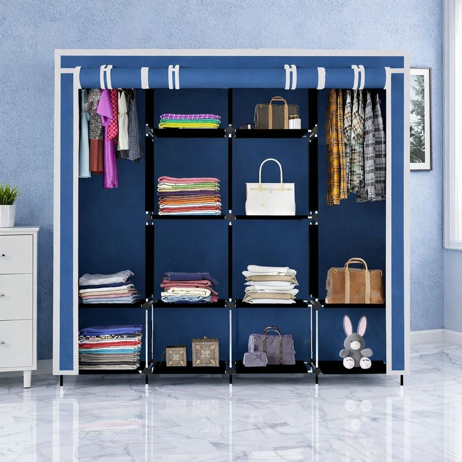 Image of HUENISH Collapsible Plastic Wardrobe, 1 Hanging Space, 12 Shelves, 1 Side Pocket PP Collapsible Wardrobe