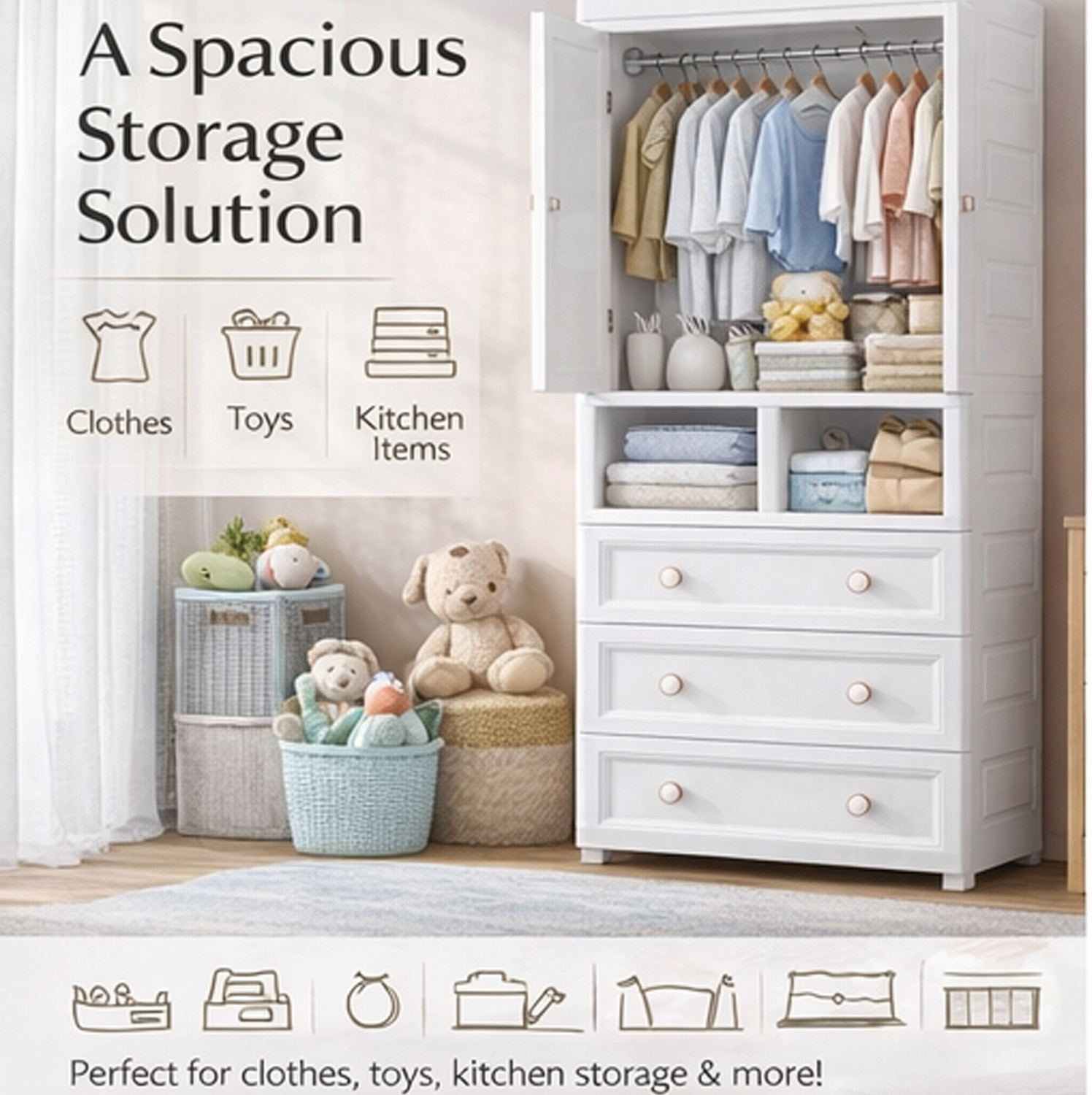 Image of Sasimo 1-Wardrobe 5-Door 4-Shelf Plastic foldable Cupboard PC Collapsible Wardrobe