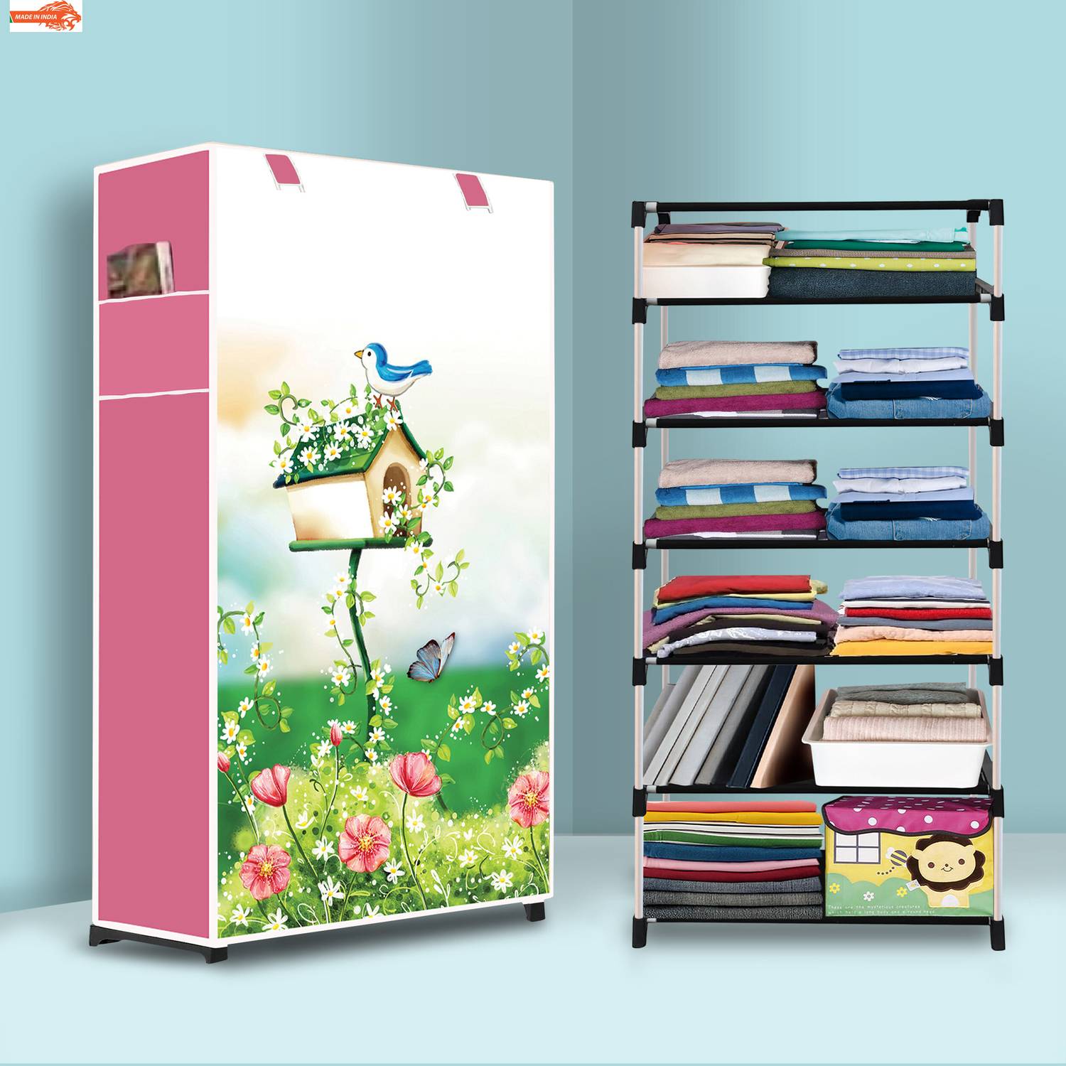 Ascension 6 Shelf Foldable Collapsible Wardrobe Storage Organizer Almirah Cloth Rack PVC Collapsible Wardrobe