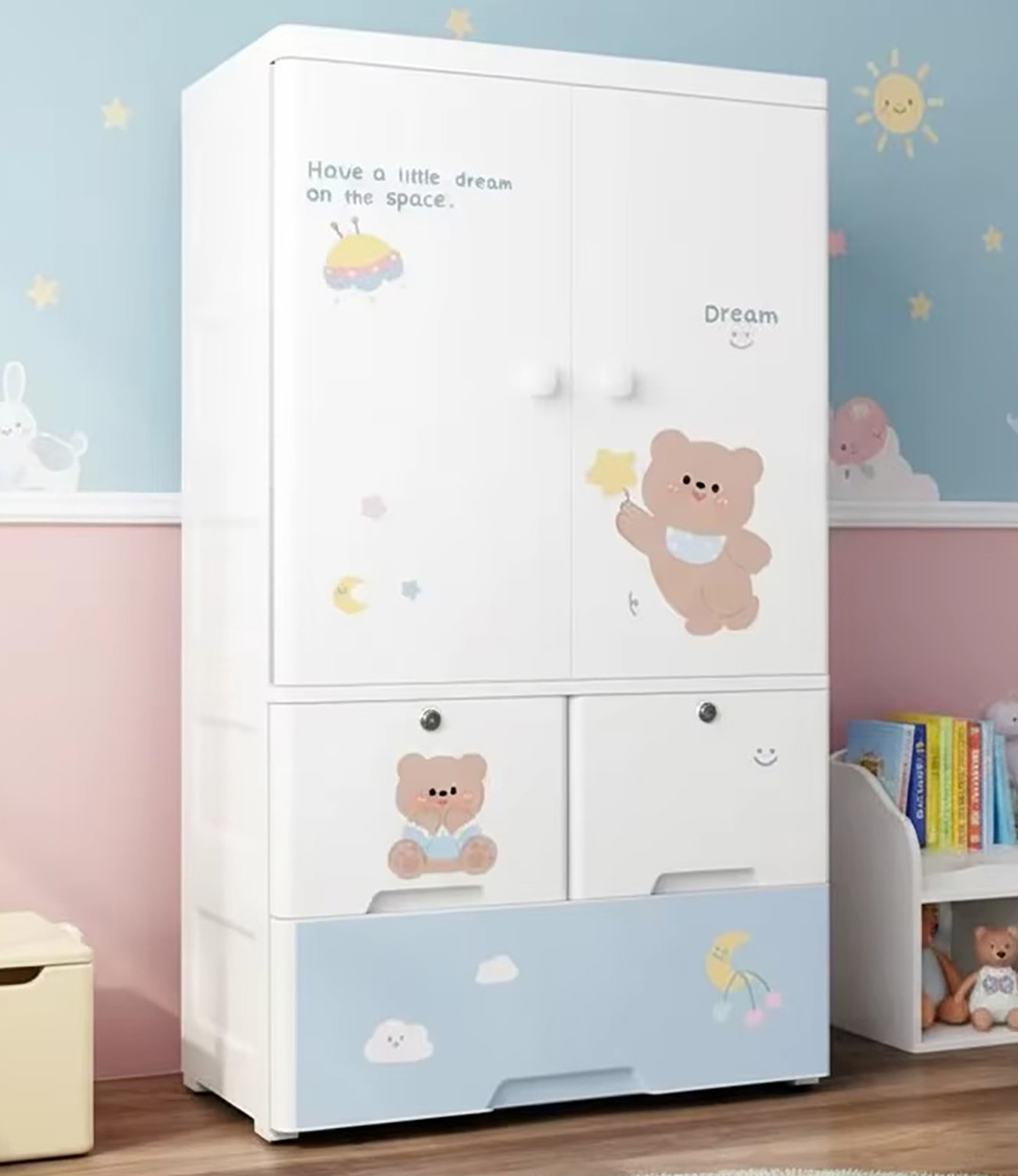 Image of Sasimo 1-Wardrobe 3-Drawer 3-Shelf Plastic foldable Cupboard PC Collapsible Wardrobe