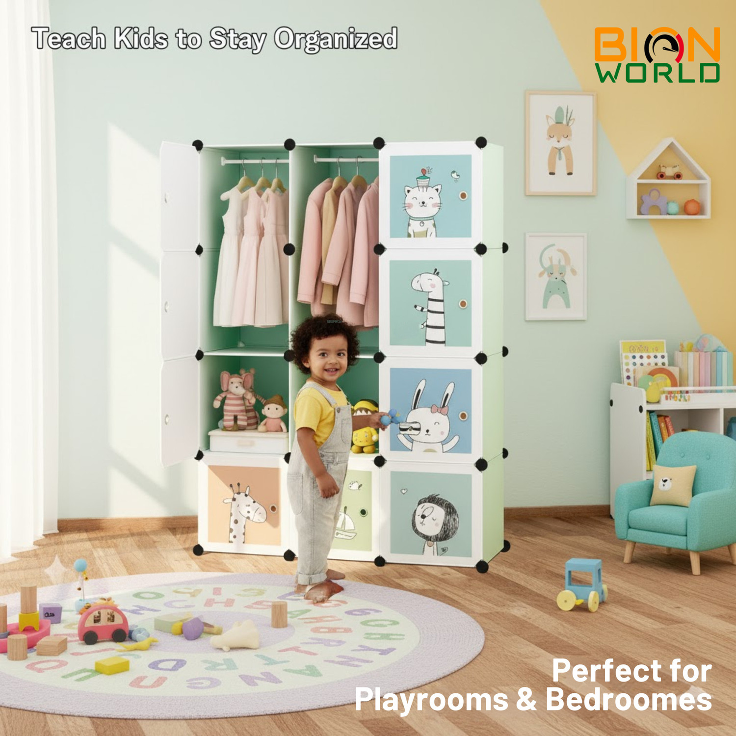 Image of BIONworld Collapsible Plastic Wardrobe, 12-Shelf | Cartoon Print Kids Almirah for Clothes PP Collapsible Wardrobe