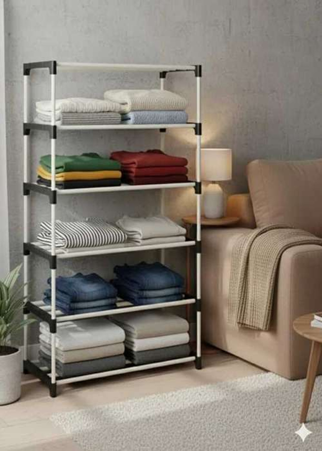 Image of Saklak 6 Layer Clothes Rack for Home, Portable Multi-Layer Garment Rack PVC Collapsible Wardrobe