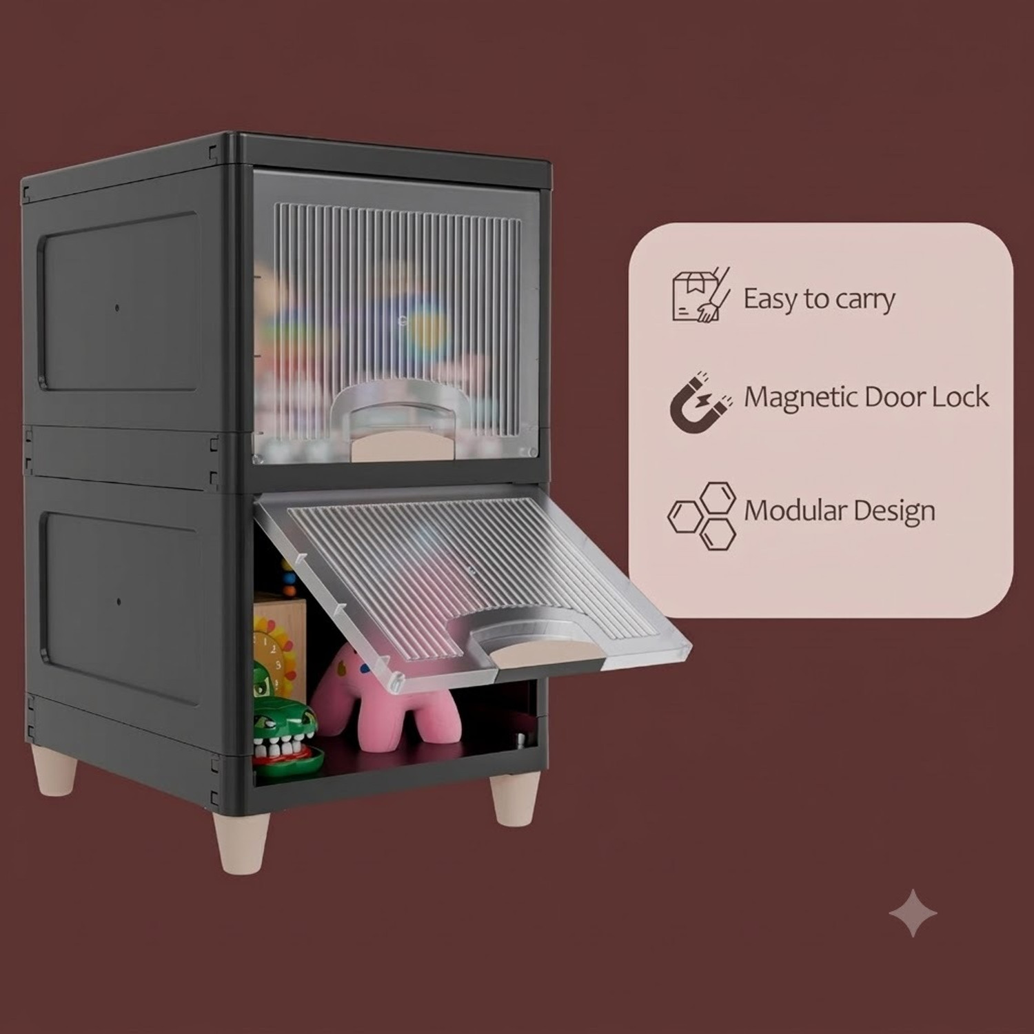 Image of Sumoware 2 Layer Foldable Plastic Storage Cabinet with Transparent Doors for Books, Plastic Free Standing Cabinet