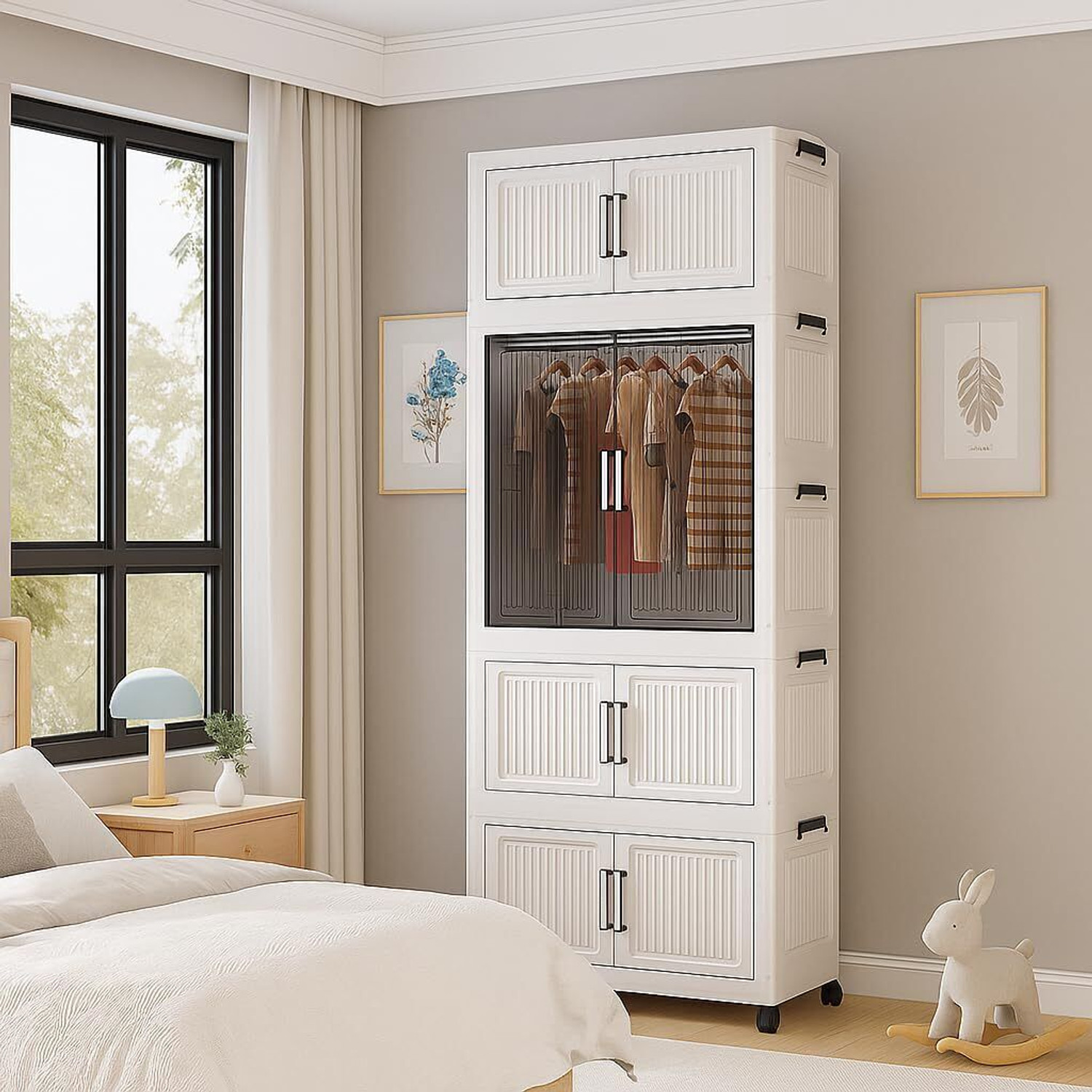 Image of LUHI 1-Wardrobe 4-Door 4-Shelf Plastic Collapsible Cupboard PC Collapsible Wardrobe PP Collapsible Wardrobe