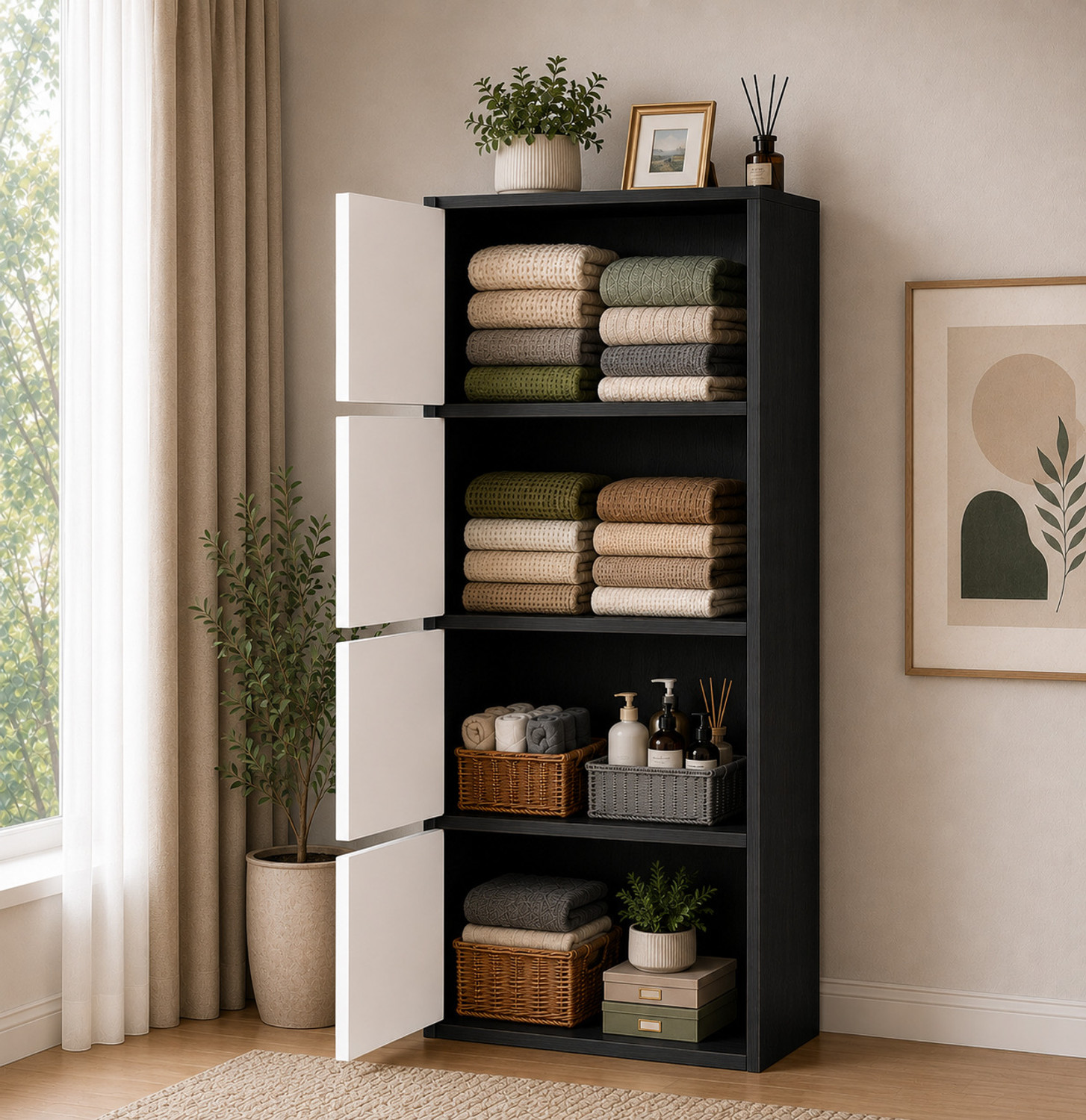 Image of Sasimo 4-Door 4-Shelf Closet Engineered Wood Collapsible Cupboard PC Collapsible Wardrobe