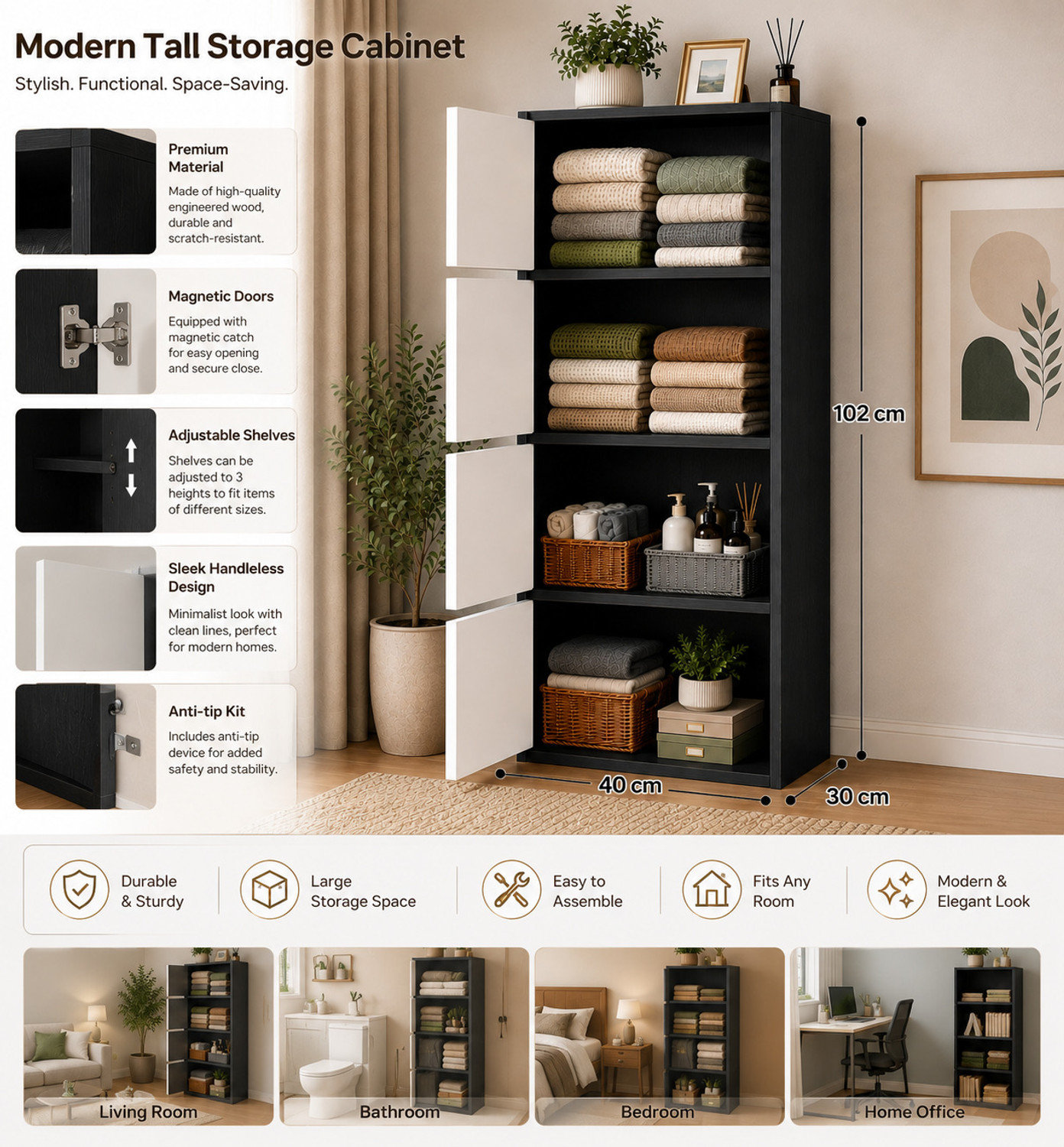 Image of Sasimo 4-Door 4-Shelf Closet Engineered Wood Collapsible Cupboard PC Collapsible Wardrobe