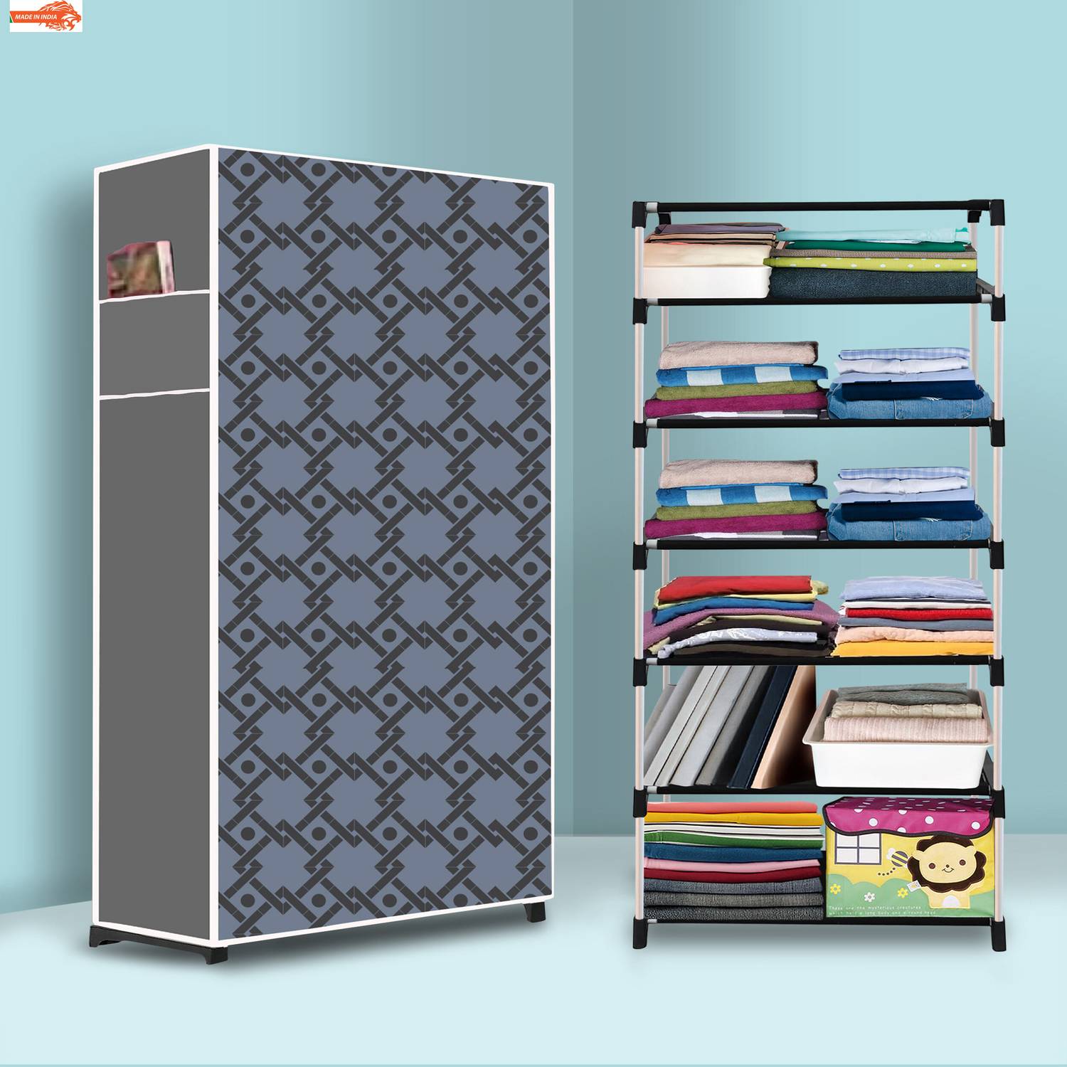 Ascension 6 Shelf Foldable Collapsible Wardrobe Storage Organizer Almirah Cloth Rack PVC Collapsible Wardrobe