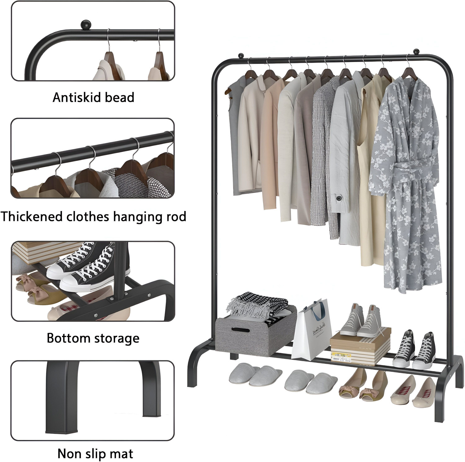 Image of MT-ZHJL Heavy Duty Carbon Steel Freestanding Garment Rack with Shoe Shelf for Bedroom Carbon Steel Collapsible Wardrobe