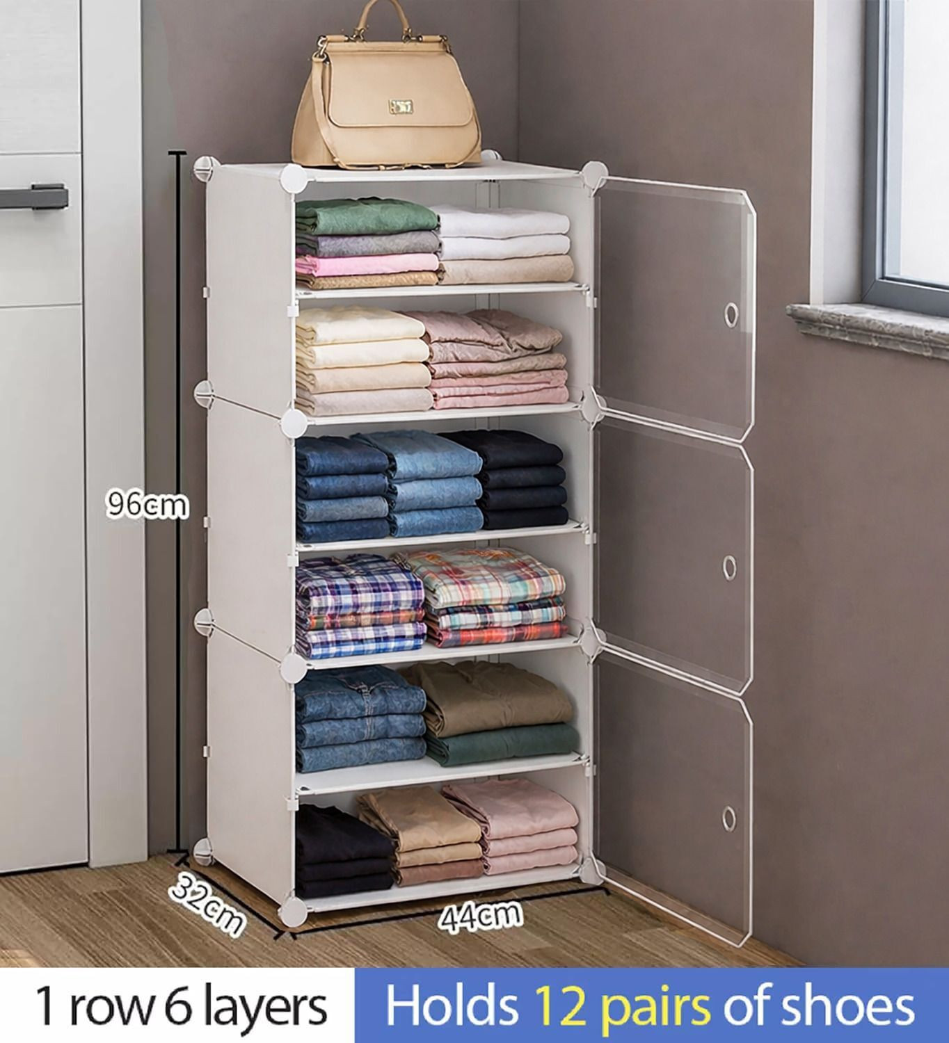 Image of Sasimo 3-Door 6-Shelf Plastic Collapsible Cupboard Carbon Steel Collapsible Wardrobe
