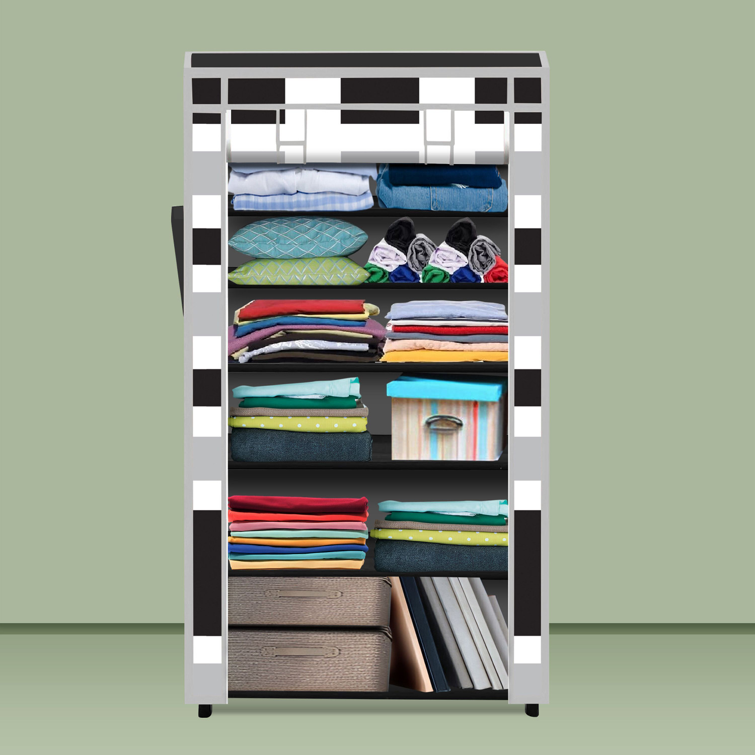 Image of Ryuga 6 Shelf Foldable Collapsible Wardrobe Storage Organizer Almirah Cloth Rack PP Collapsible Wardrobe