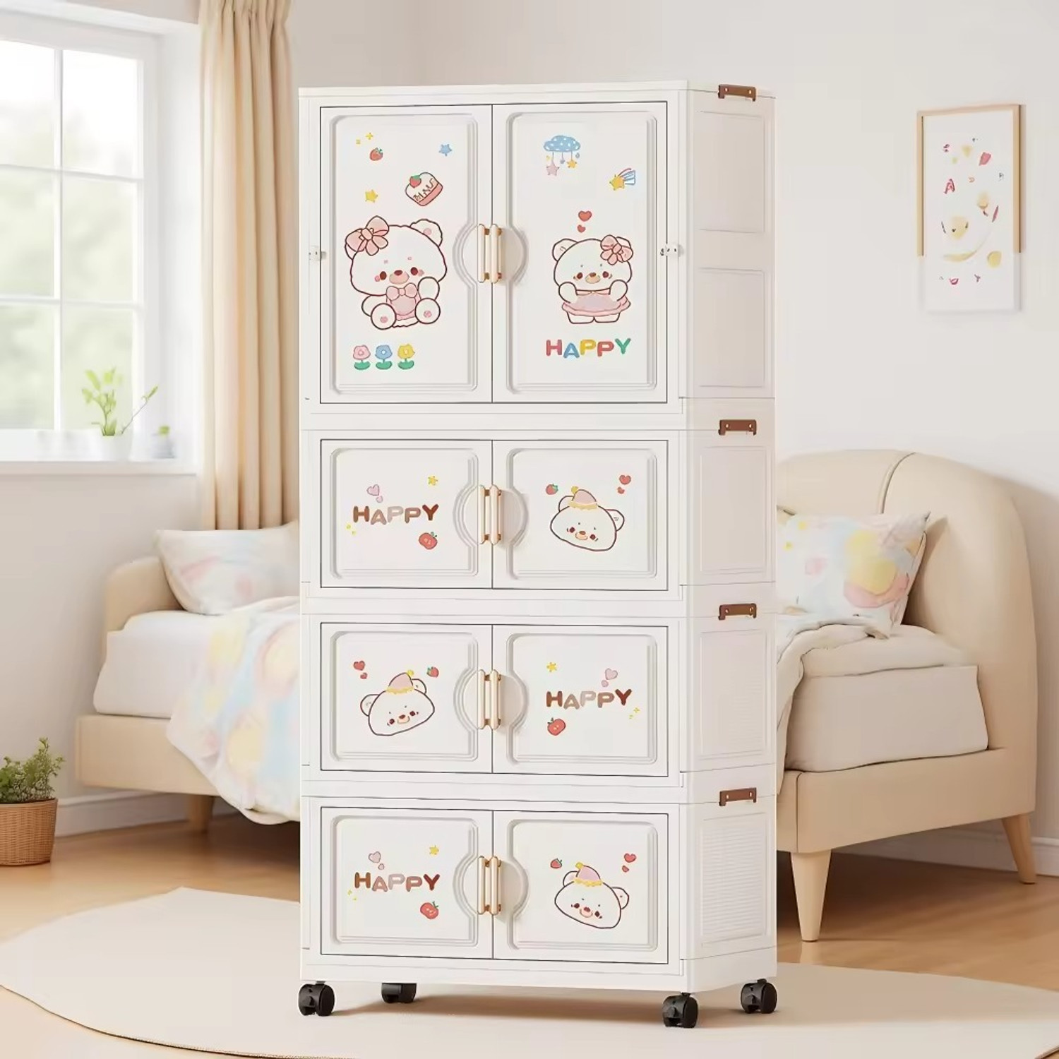 Image of PYXBE 4-Drawer-Kids Plastic Wardrobe with Drawers Storage Cabinet Cartoon for Baby PC Collapsible Wardrobe