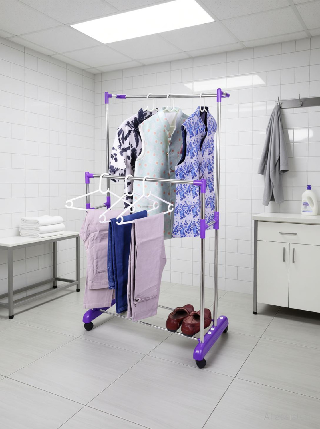 Image of Unizone Steel, Plastic Floor Cloth Dryer Stand Portable Wardrobe Style Cloth Hanging Stand Stainless Steel & Plastic with Wheel