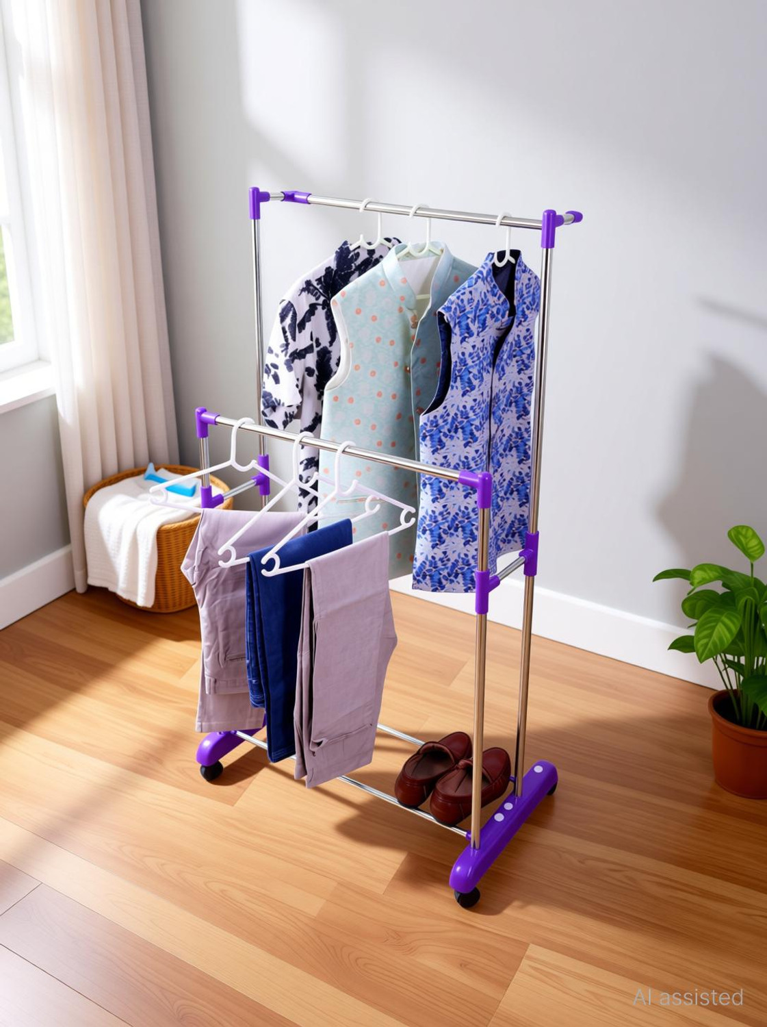 Image of Unizone Steel, Plastic Floor Cloth Dryer Stand Portable Wardrobe Style Cloth Hanging Stand Stainless Steel & Plastic with Wheel